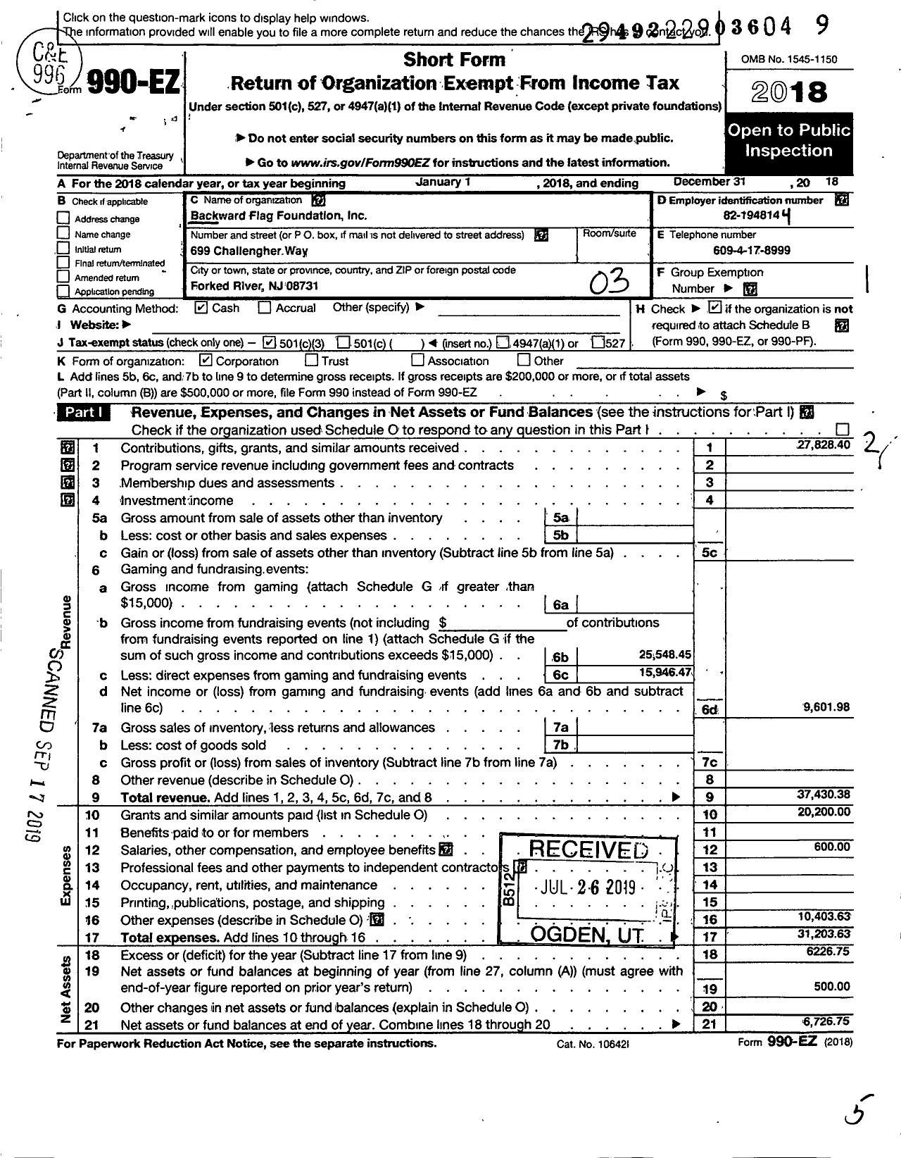 Image of first page of 2018 Form 990EZ for Backward Flag Foundation (Arms2artisans Back)