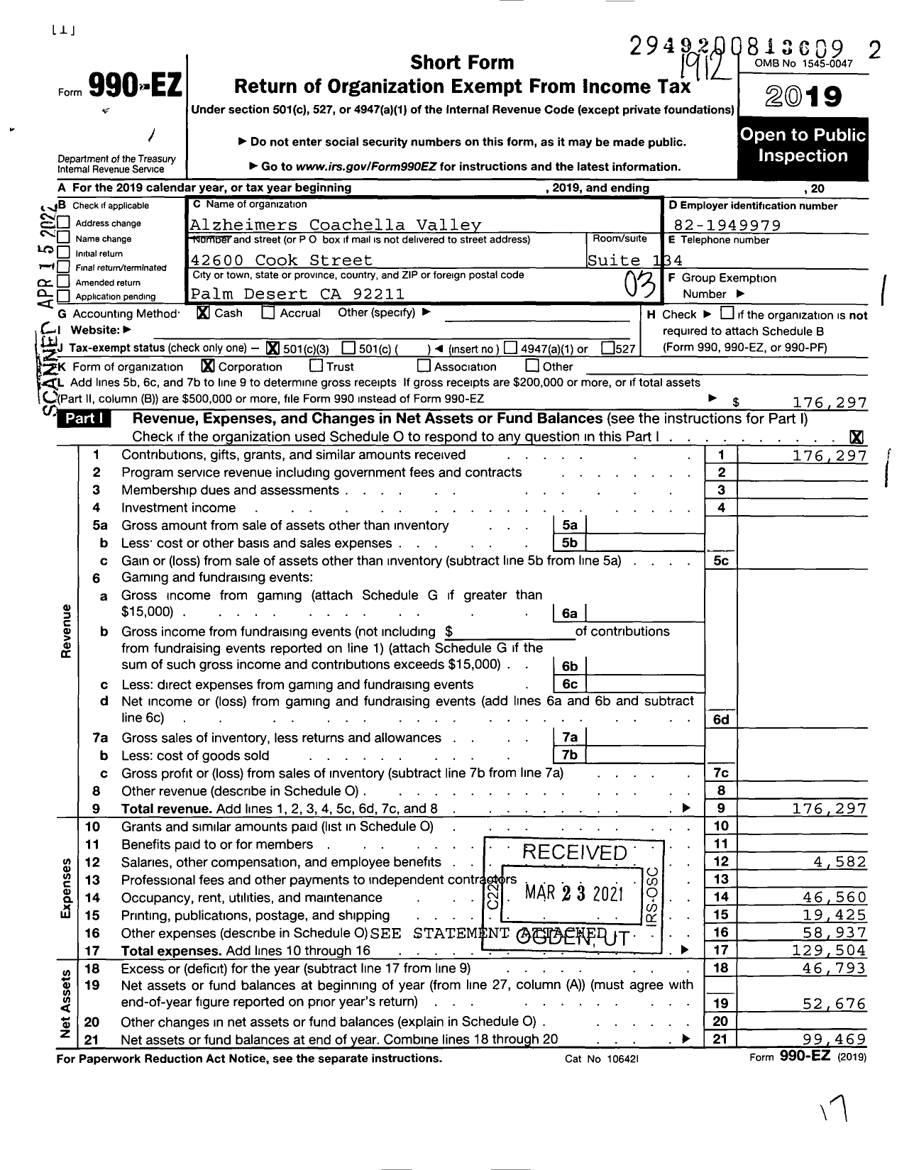 Image of first page of 2019 Form 990EZ for Alzheimers Coachella Valley