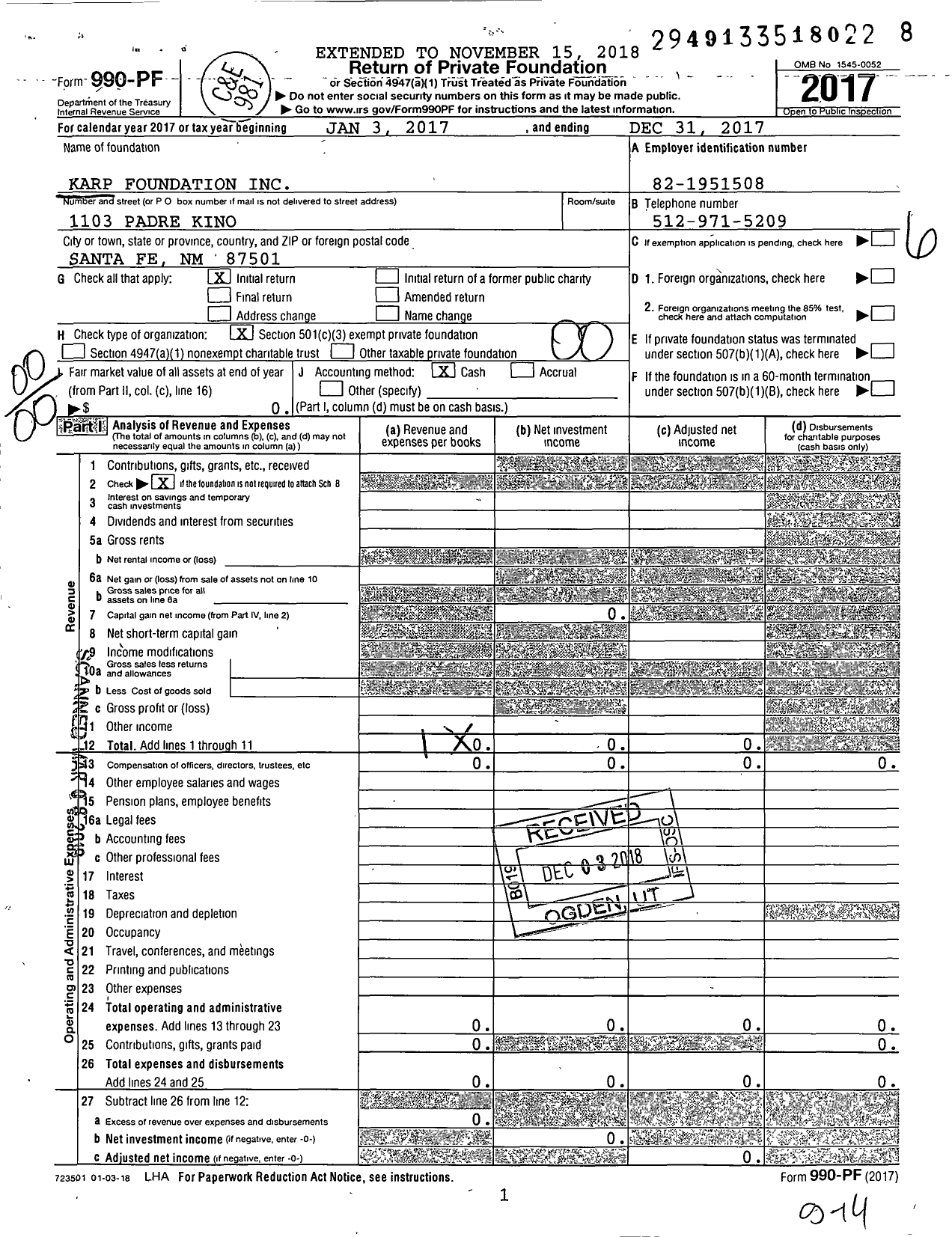 Image of first page of 2017 Form 990PF for Karp Foundation