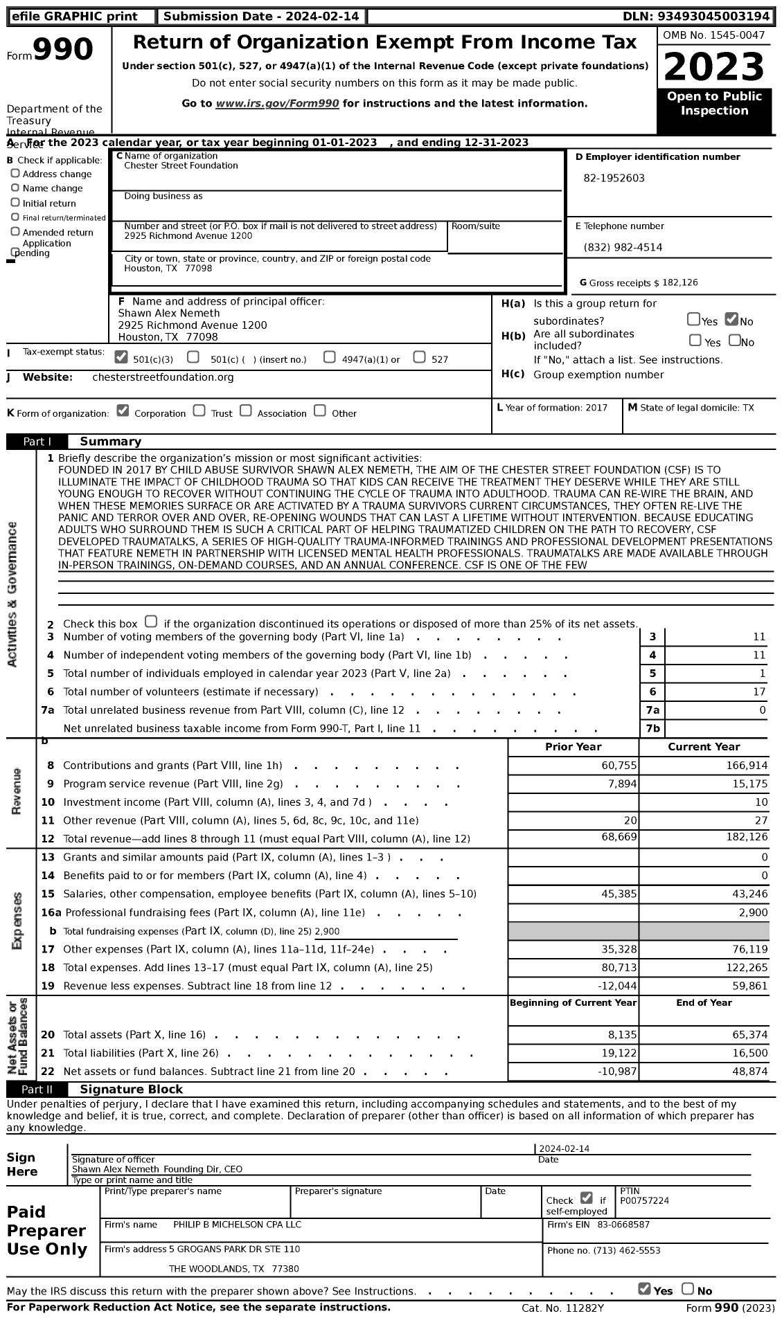 Image of first page of 2023 Form 990 for Chester Street Foundation