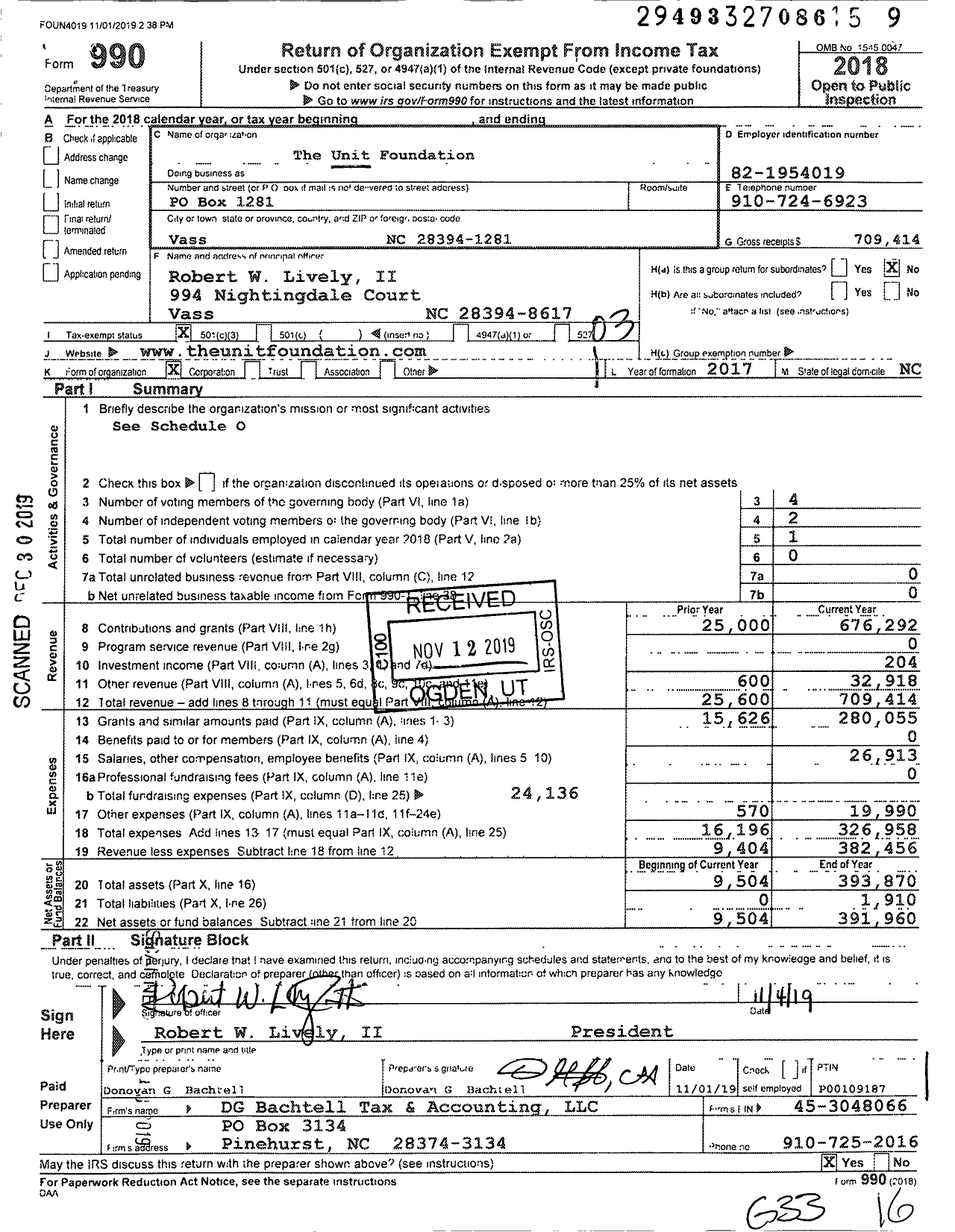 Image of first page of 2018 Form 990 for The Unit Foundation