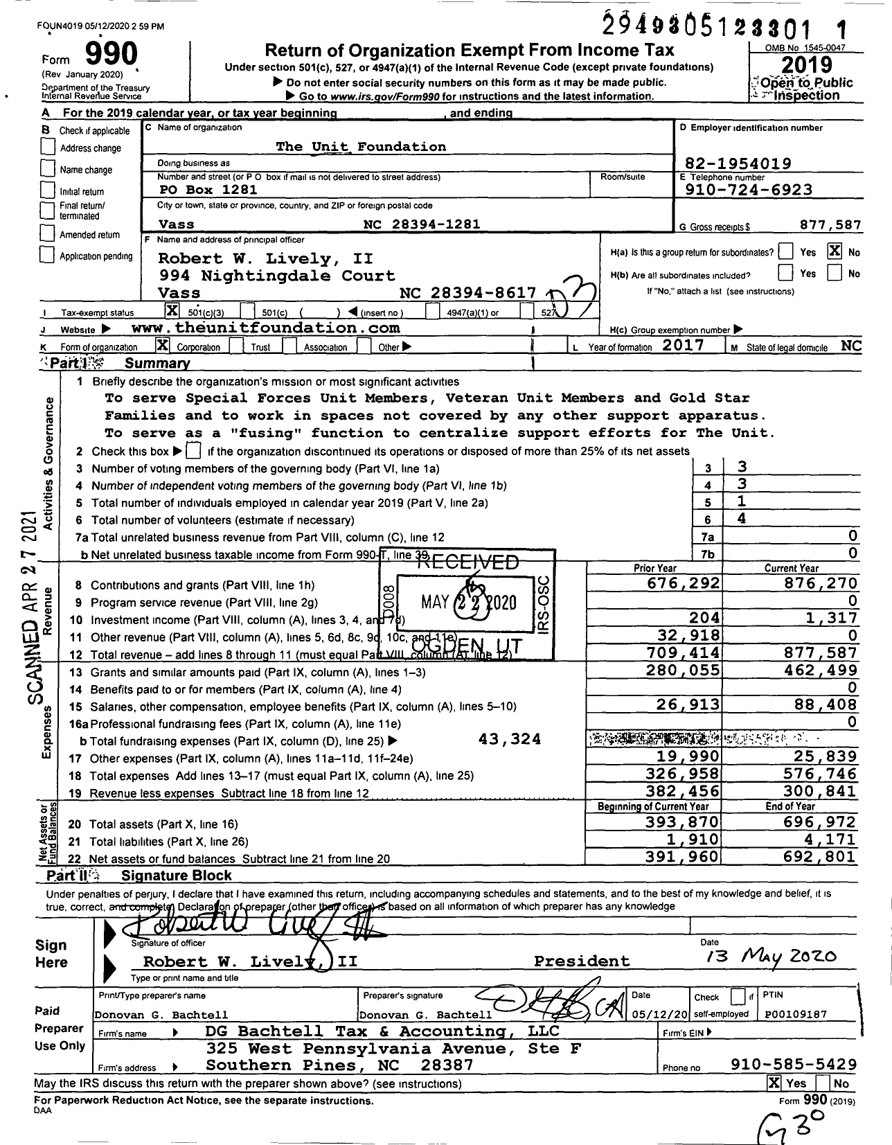 Image of first page of 2019 Form 990 for The Unit Foundation