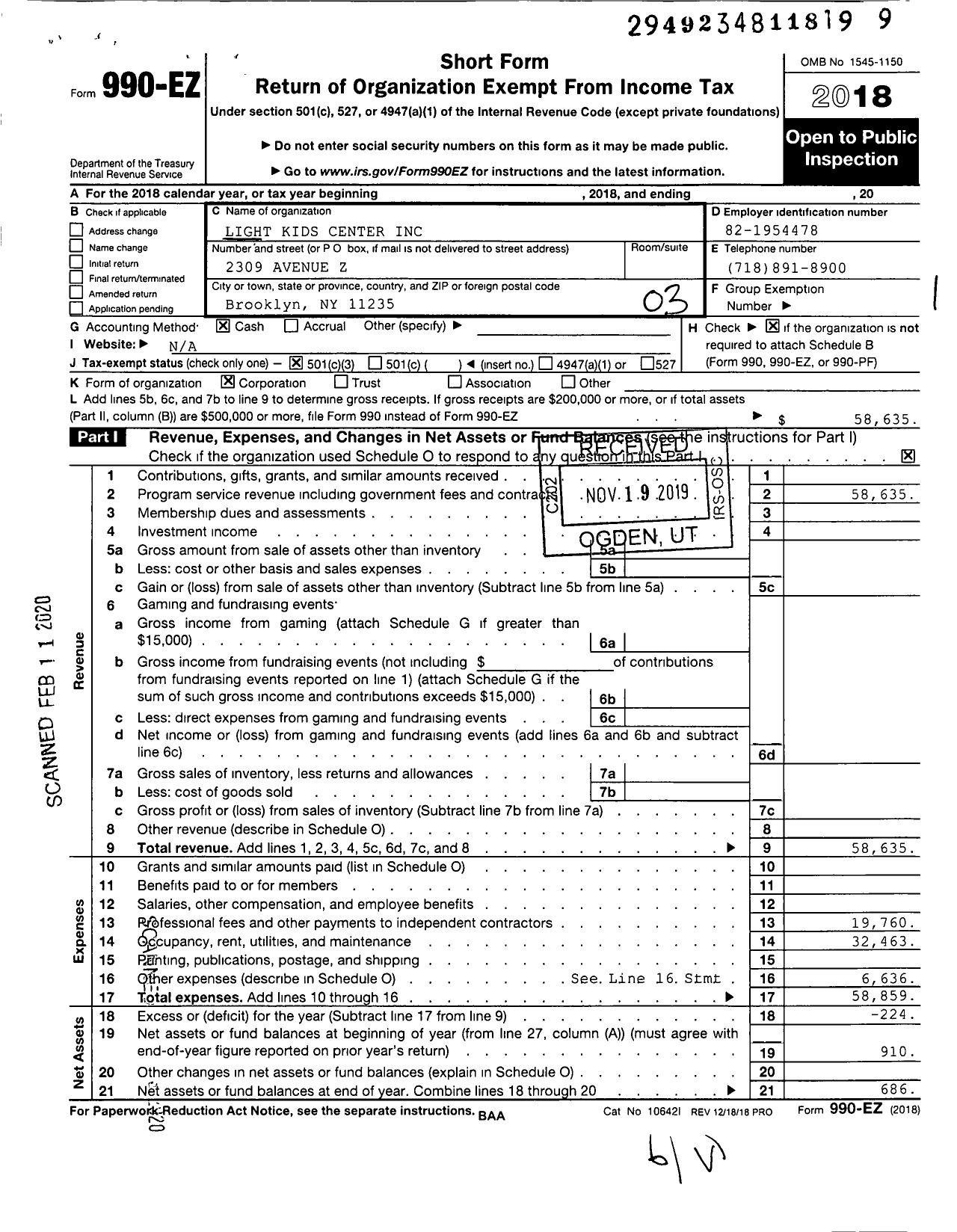 Image of first page of 2018 Form 990EZ for Light Kids Center