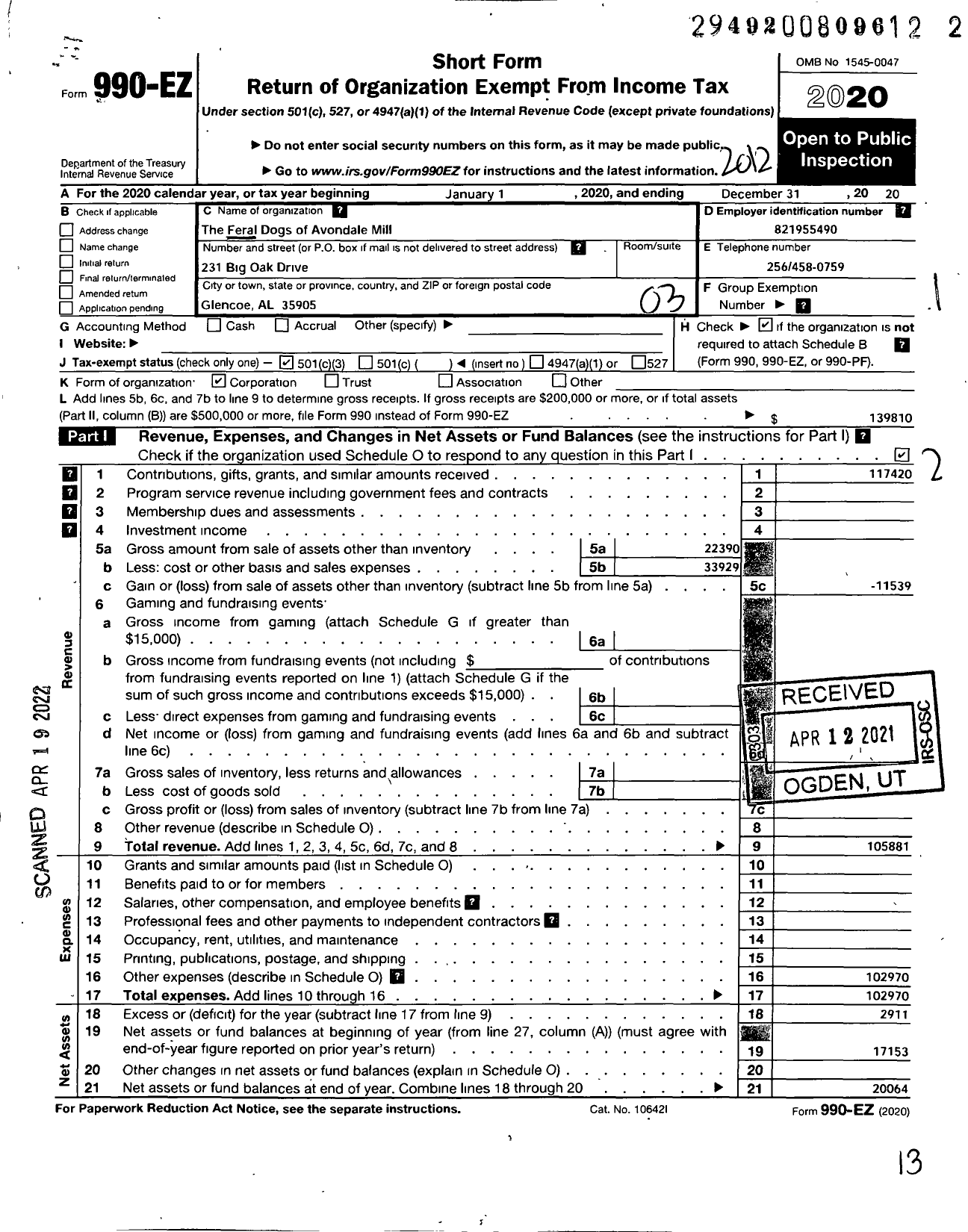 Image of first page of 2020 Form 990EZ for The Feral Dogs of Avondale Mill