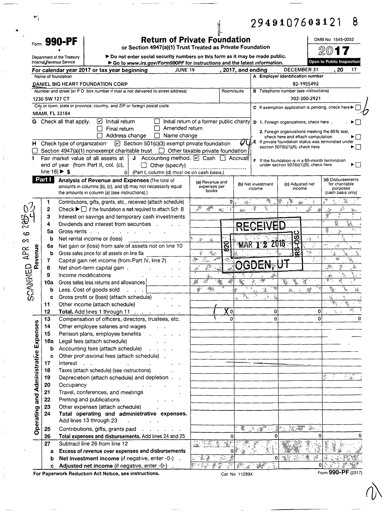 Image of first page of 2017 Form 990PF for Daniel Big Heart Foundation Corporation