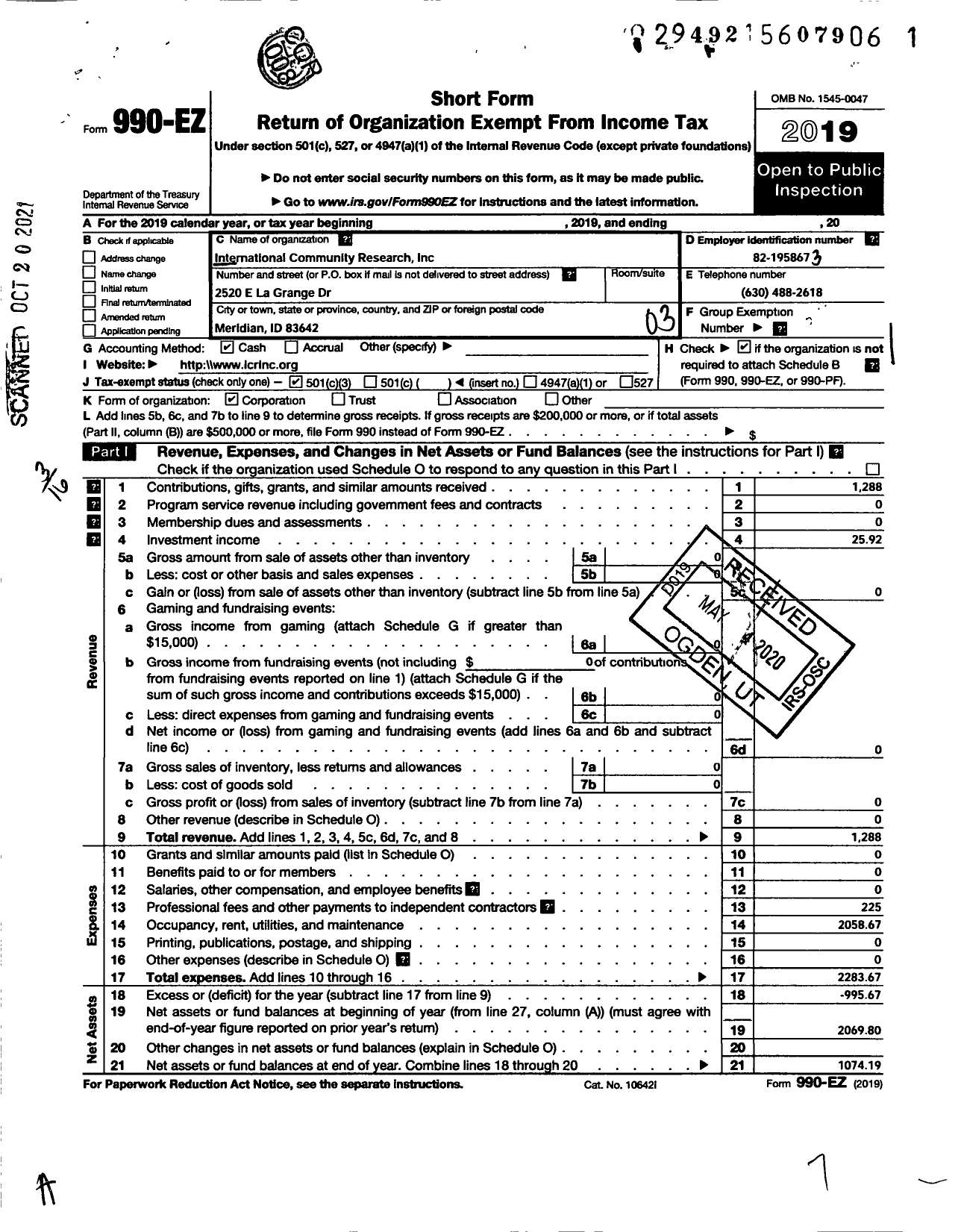 Image of first page of 2019 Form 990EZ for International Community Research