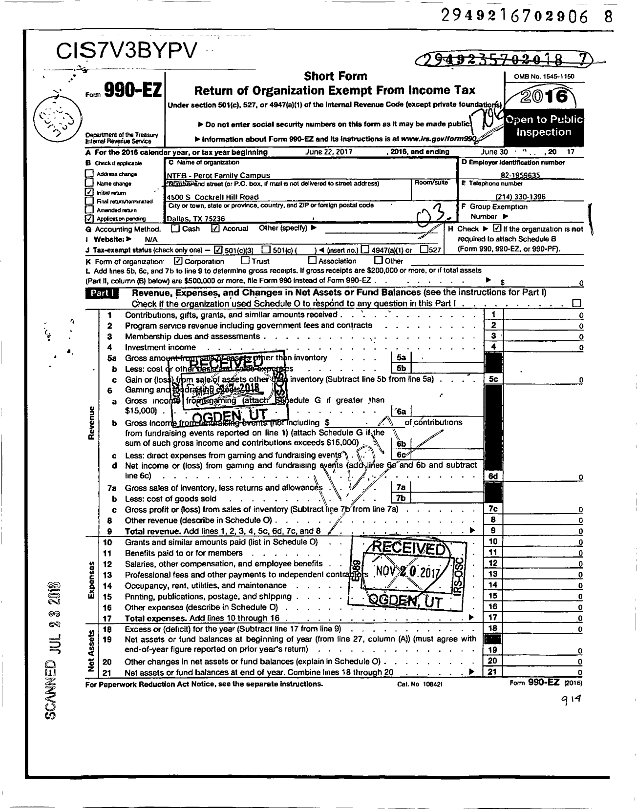 Image of first page of 2016 Form 990EZ for NTFB - Perot Family Campus