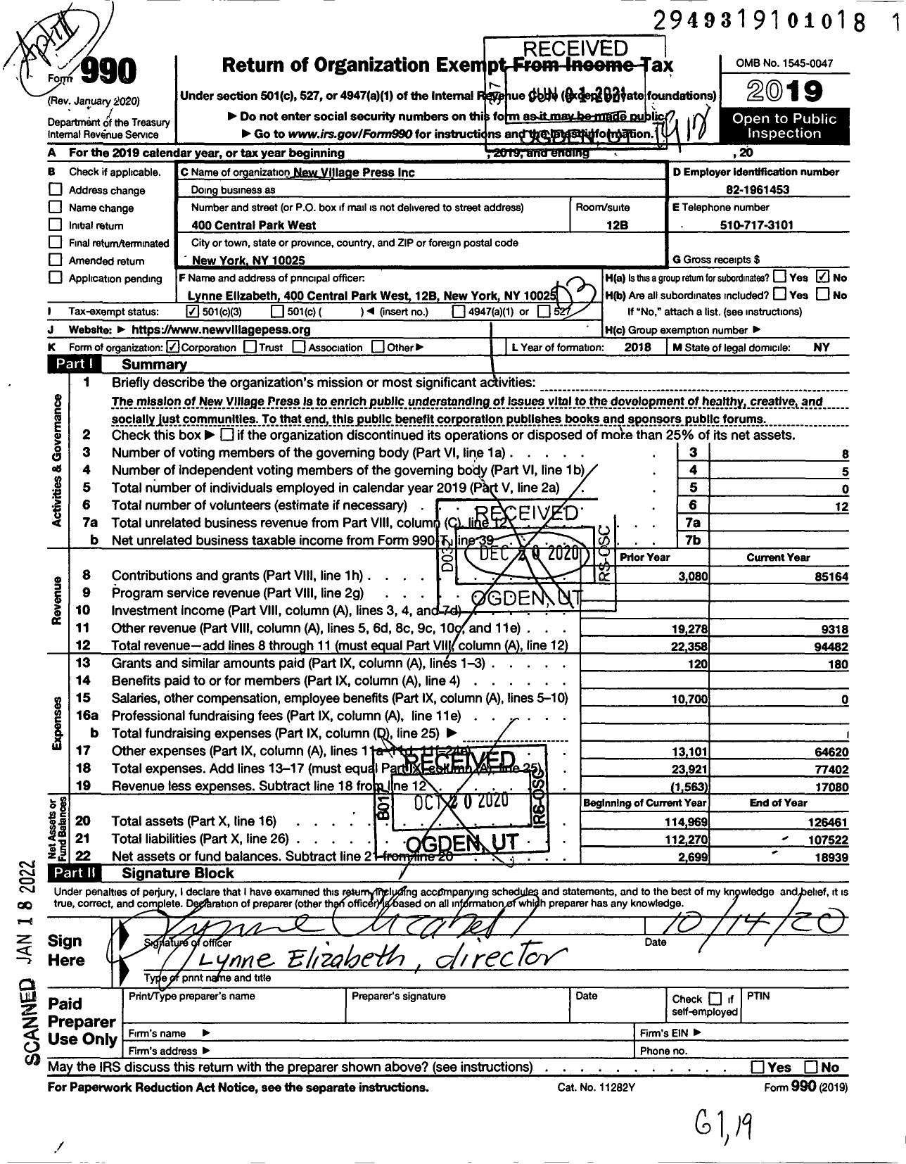 Image of first page of 2019 Form 990 for New Village Press