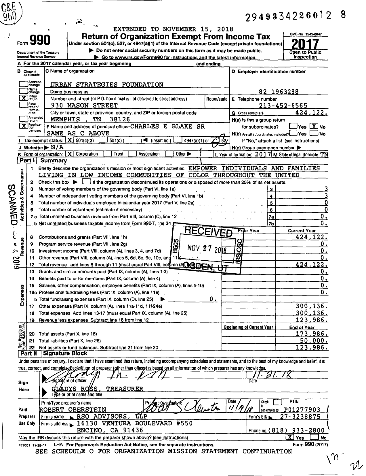 Image of first page of 2017 Form 990 for Urban Strategies Foundation