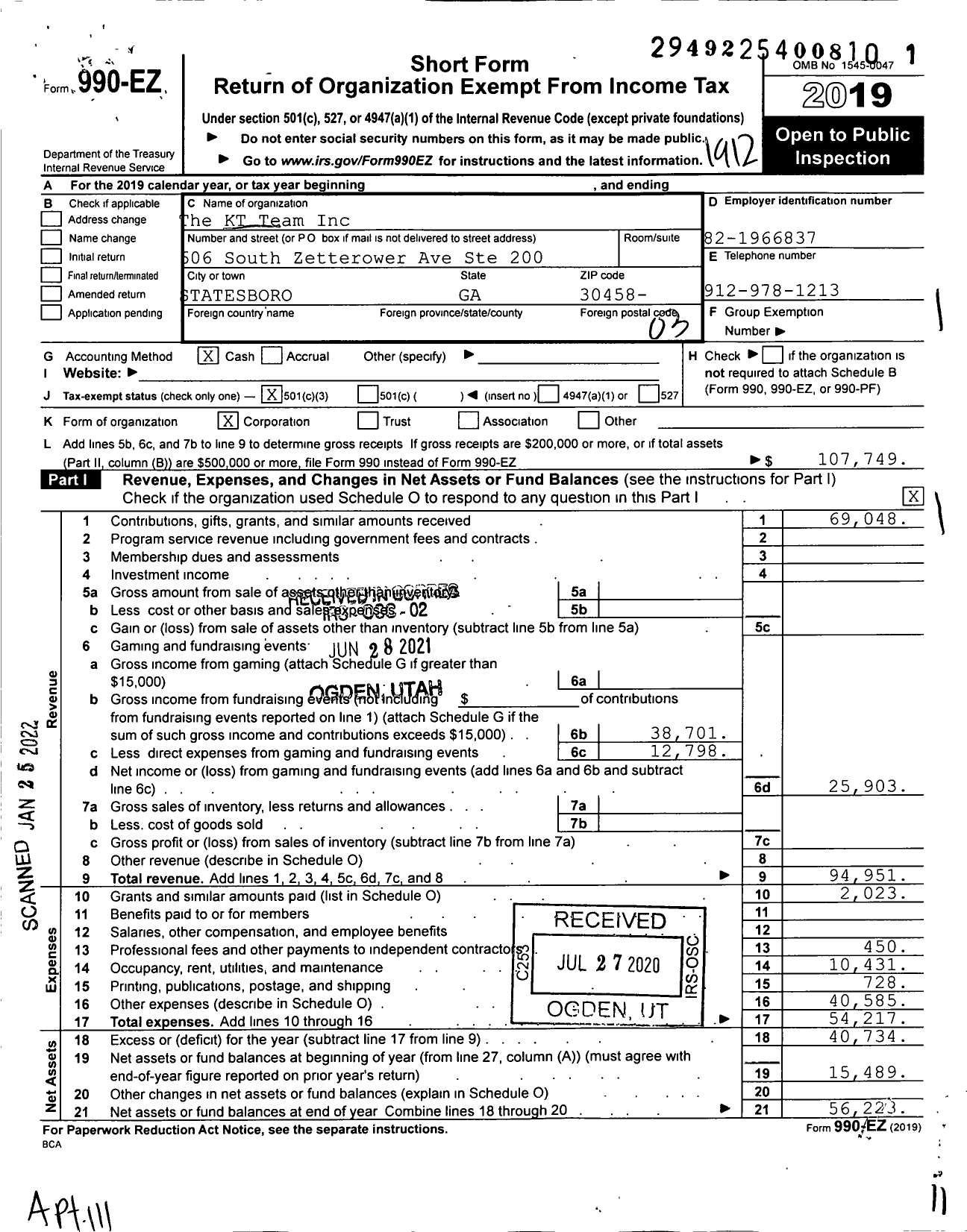 Image of first page of 2019 Form 990EZ for The KT Team