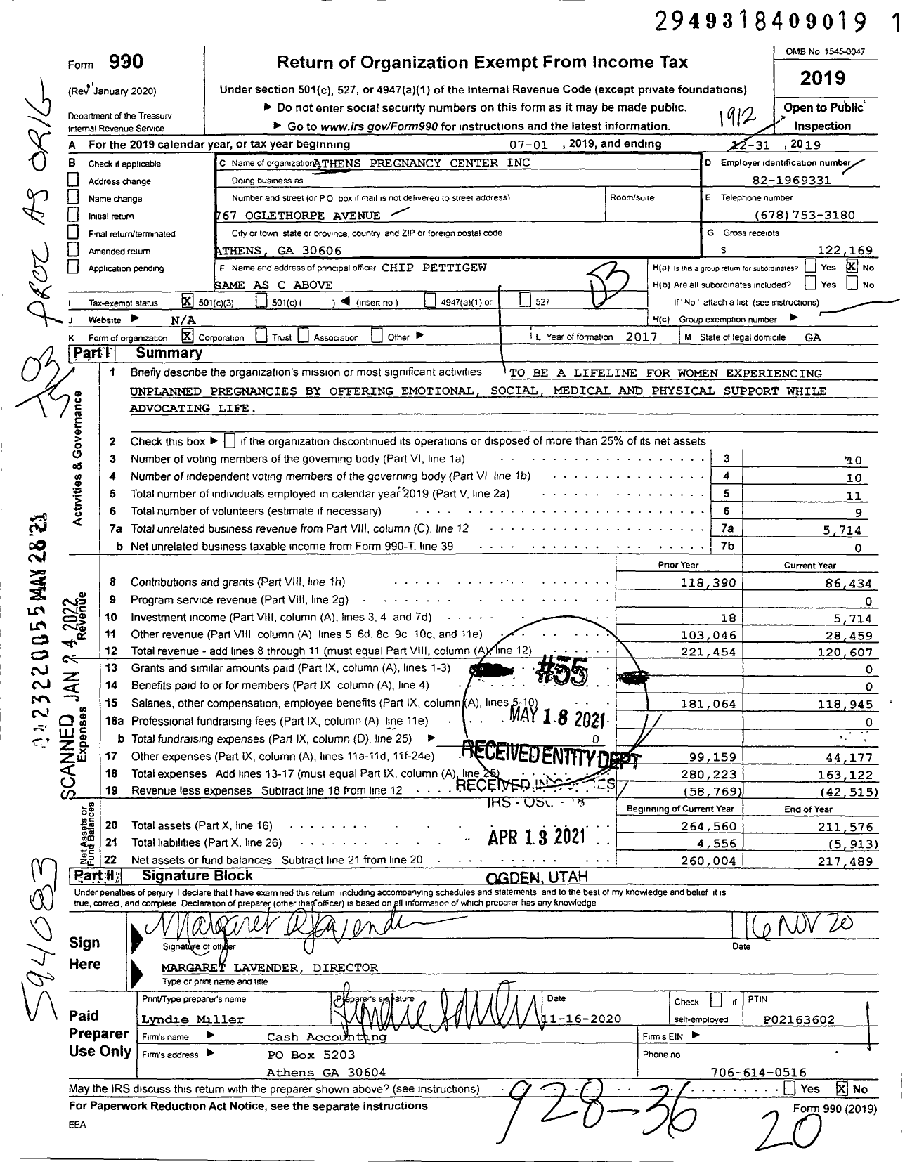 Image of first page of 2019 Form 990 for Athens Pregnancy Center