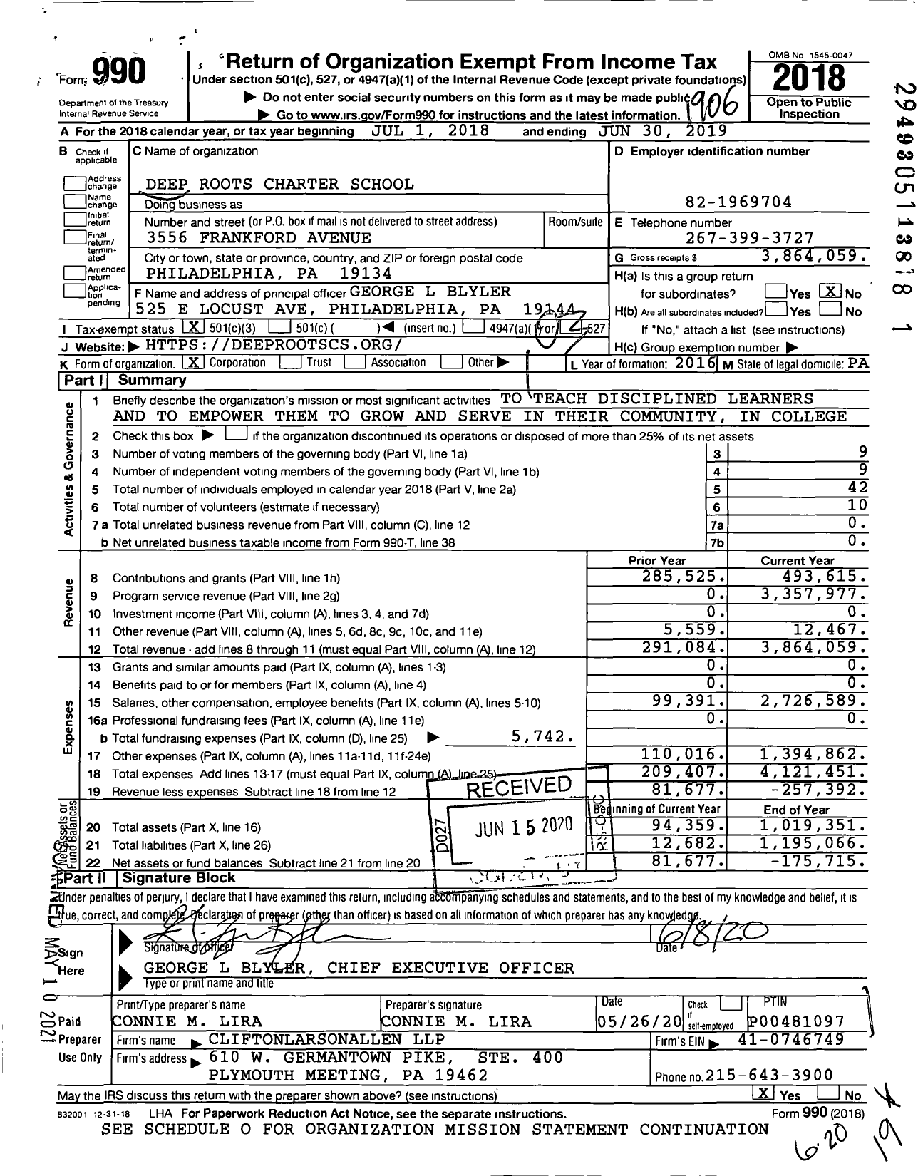 Image of first page of 2018 Form 990 for Deep Roots Charter School