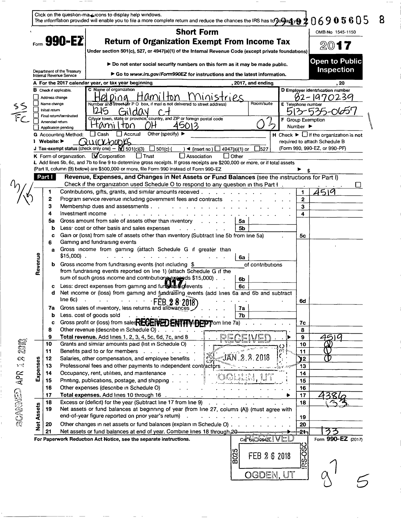 Image of first page of 2017 Form 990EZ for Helping Hamilton Ministries