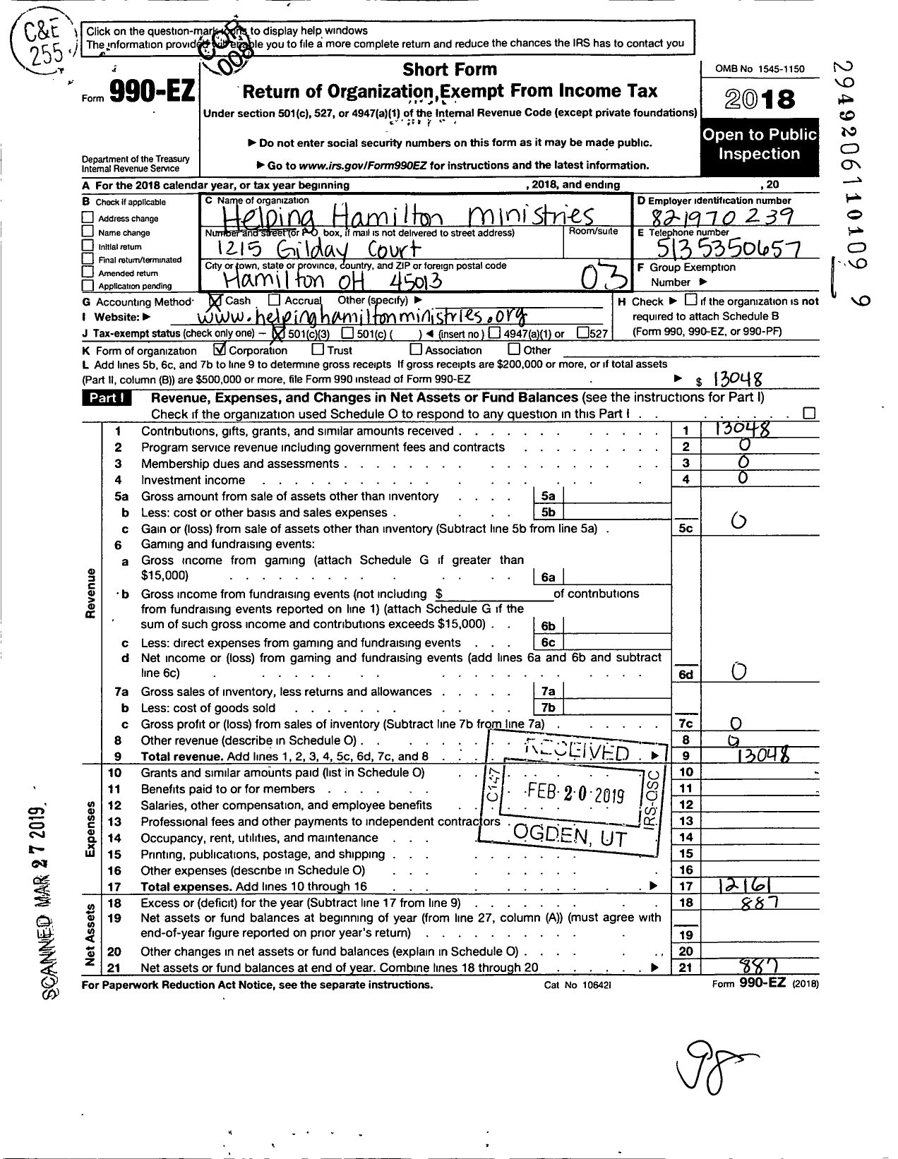 Image of first page of 2018 Form 990EZ for Helping Hamilton Ministries