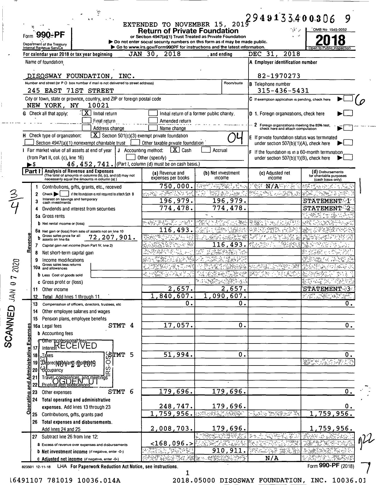 Image of first page of 2018 Form 990PF for Disosway Foundation