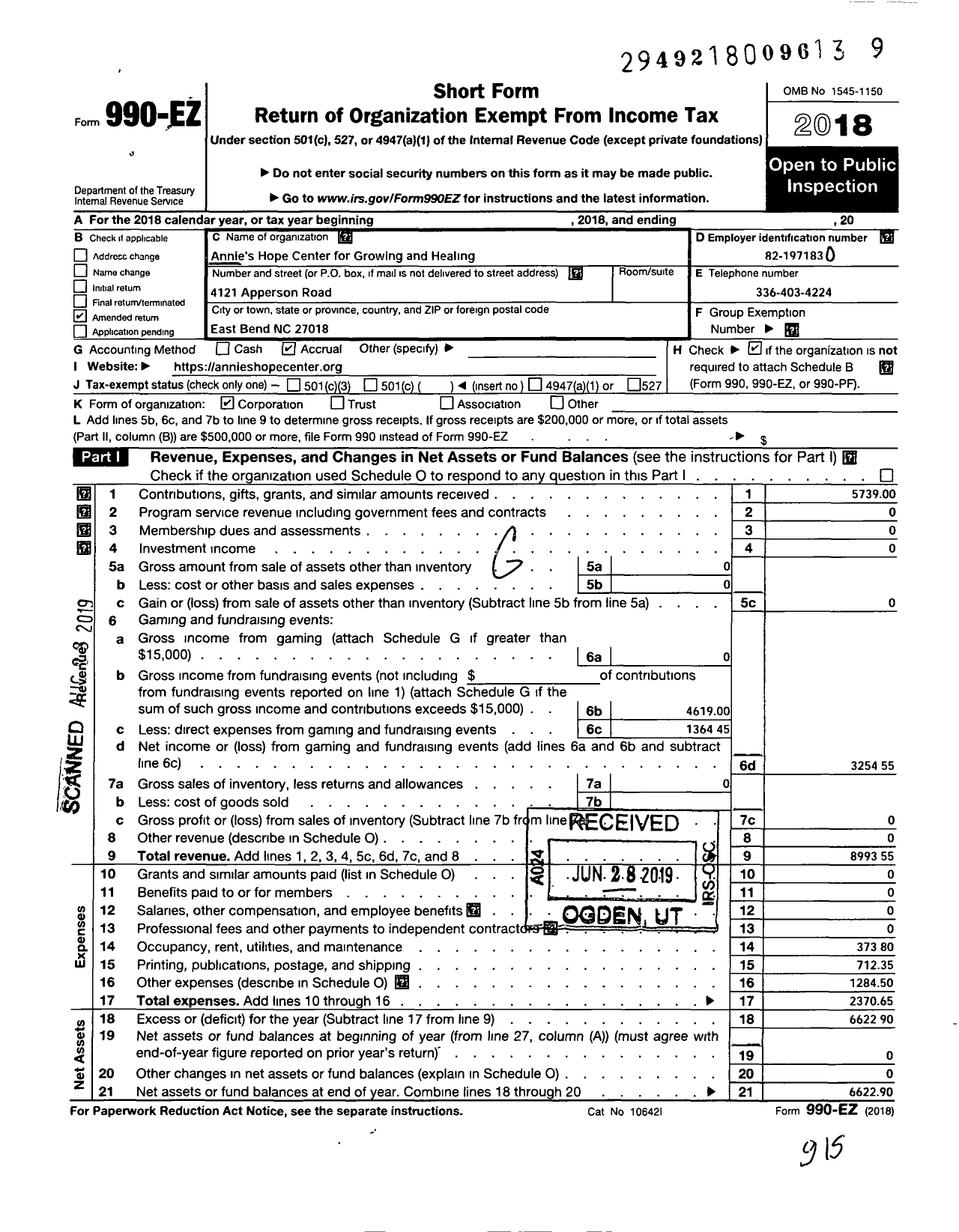 Image of first page of 2018 Form 990EO for Annie's Hope Center for Growing and Healing