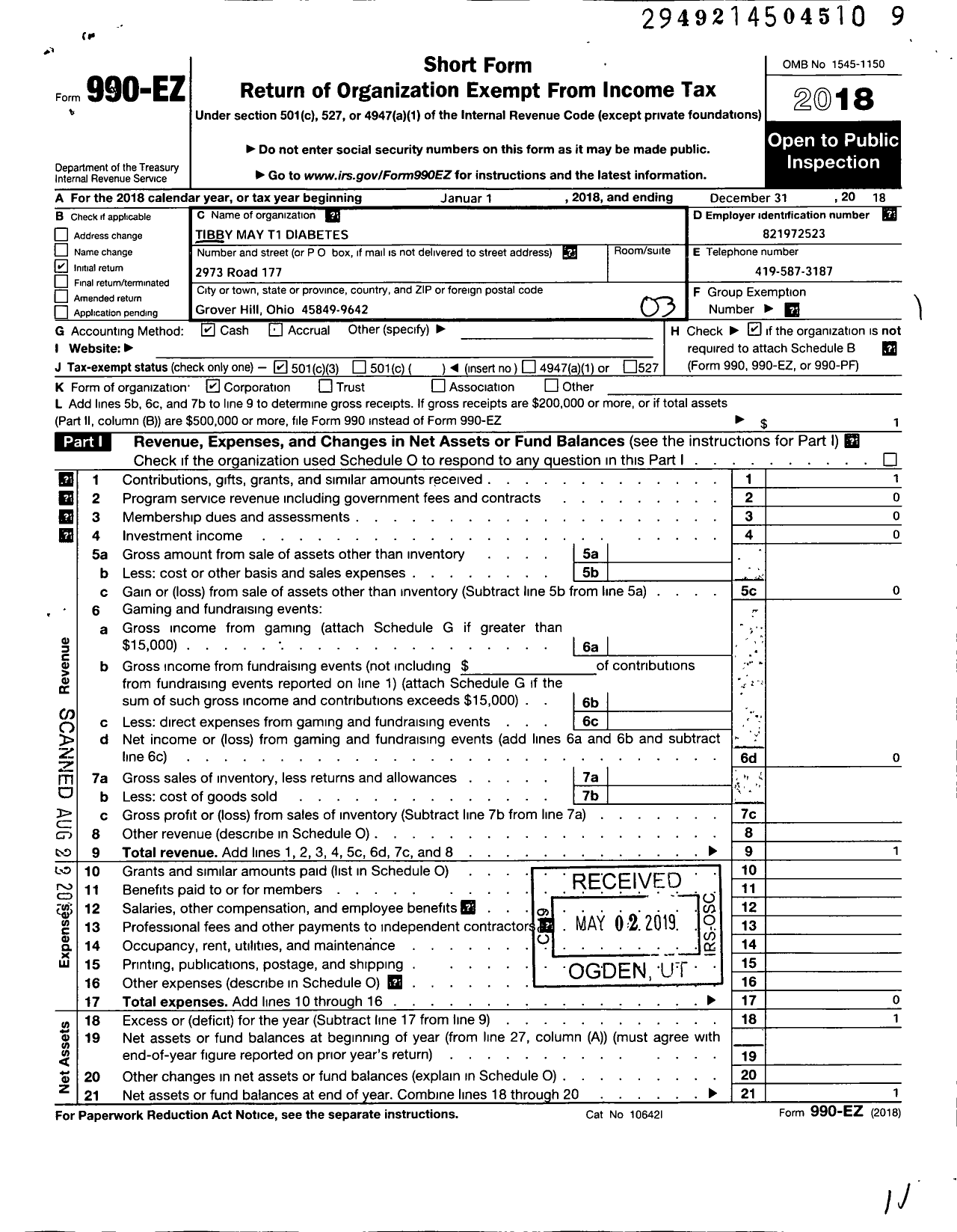 Image of first page of 2018 Form 990EZ for Tibby May T1 Diabetes