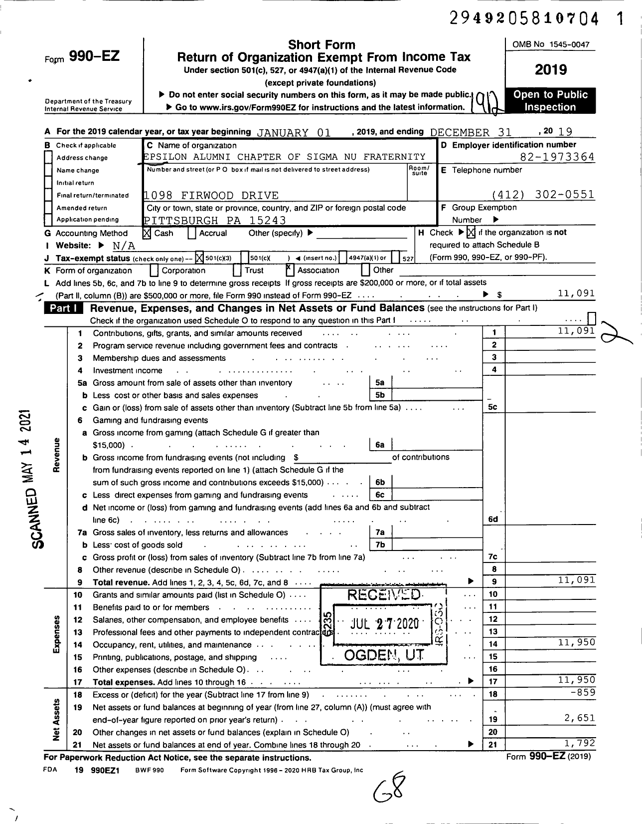 Image of first page of 2019 Form 990EZ for Epsilon Alumni Chapter of Sigma Nu Fraternity