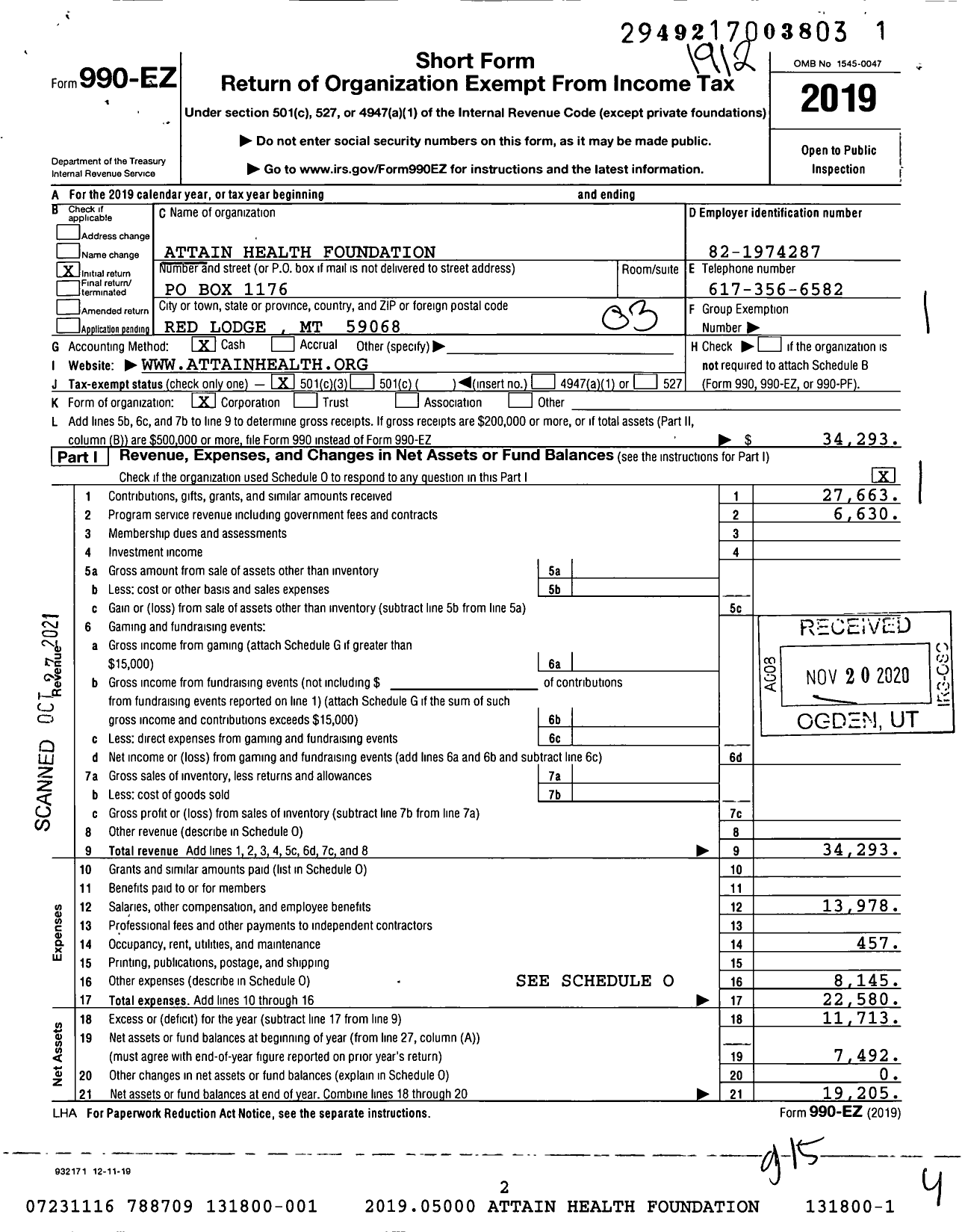 Image of first page of 2019 Form 990EZ for Attain Health Foundation