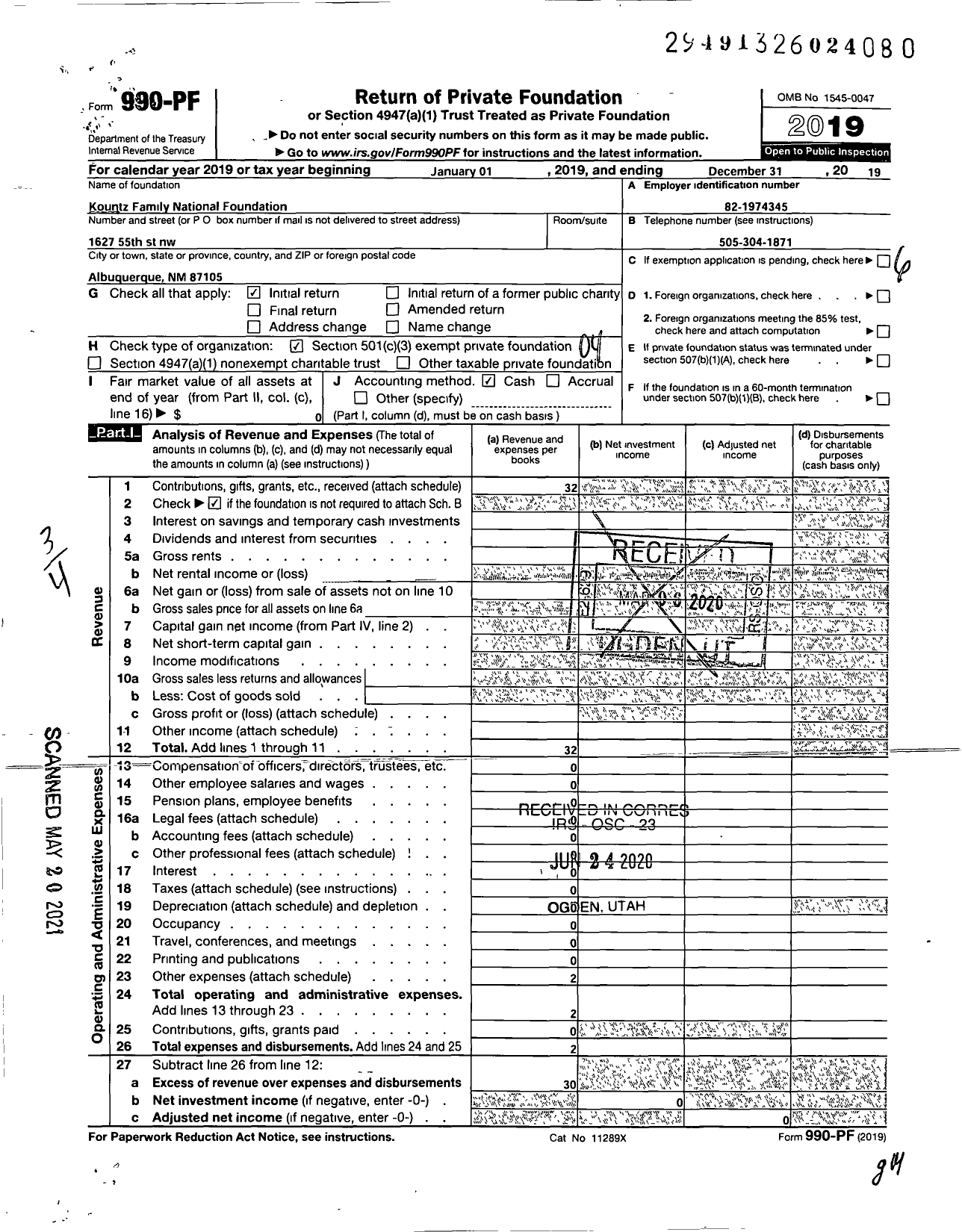 Image of first page of 2019 Form 990PF for Kountz Family National Foundation