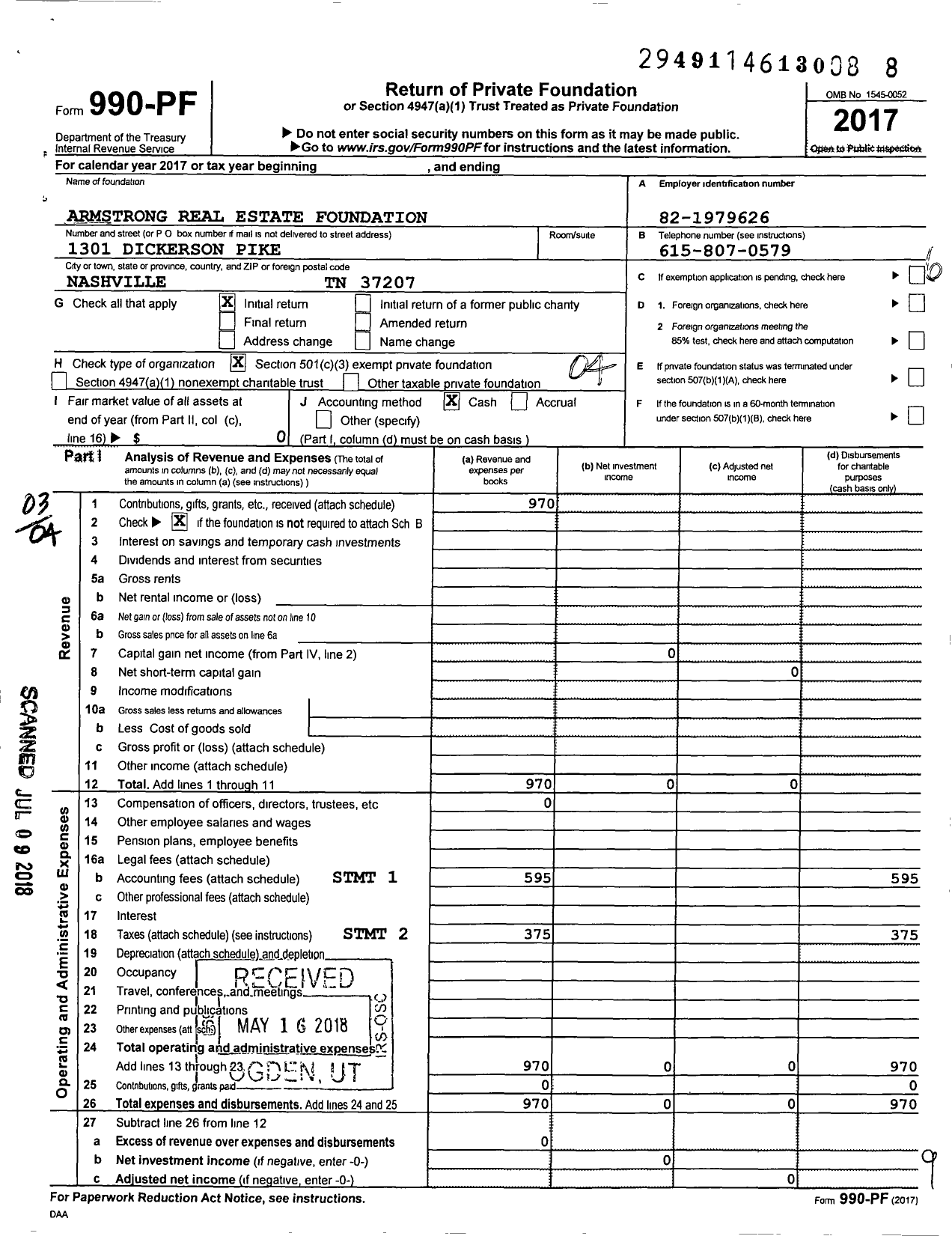 Image of first page of 2017 Form 990PF for Armstrong Real Estate Foundation