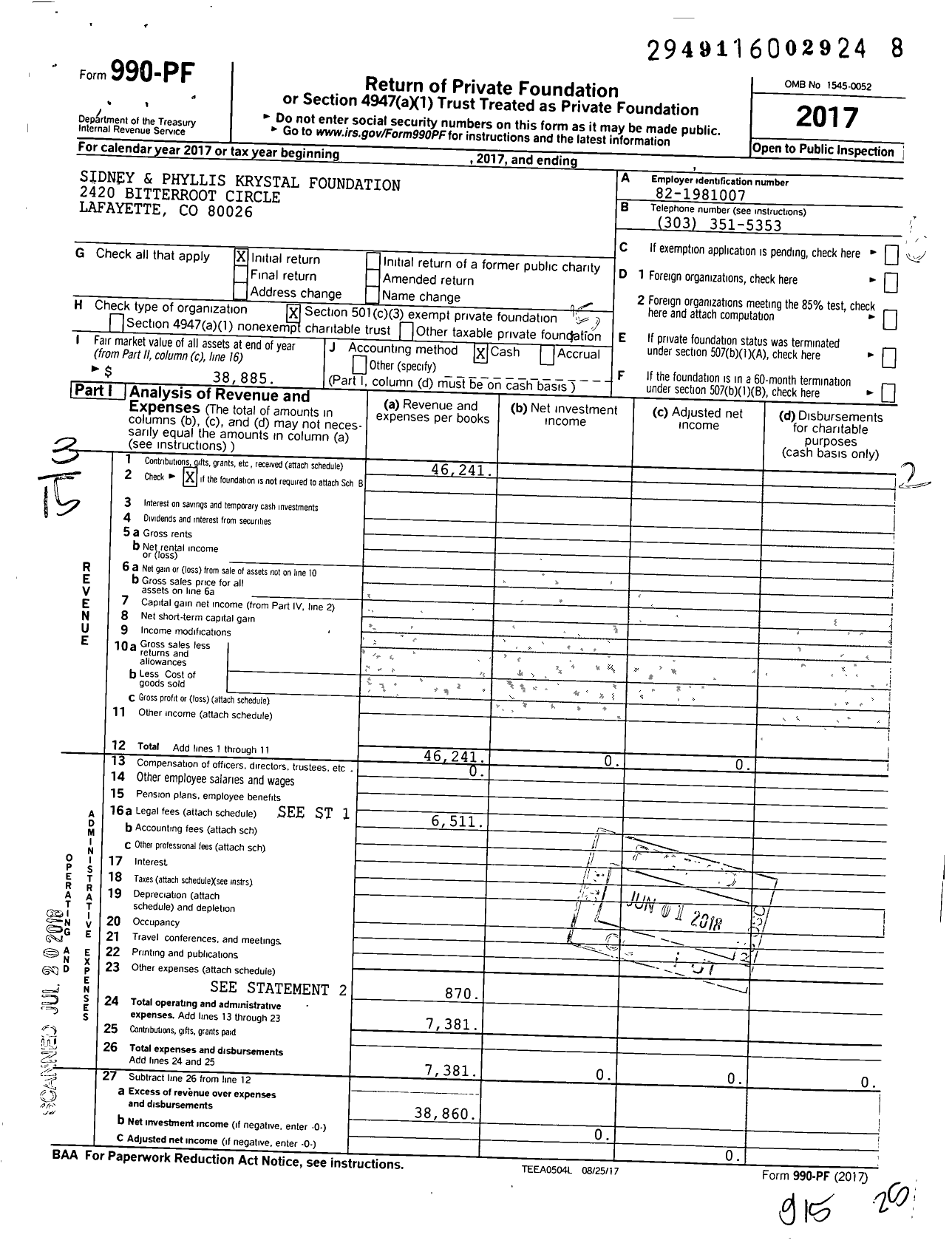 Image of first page of 2017 Form 990PF for Sidney and Phyllis Krystal Foundation