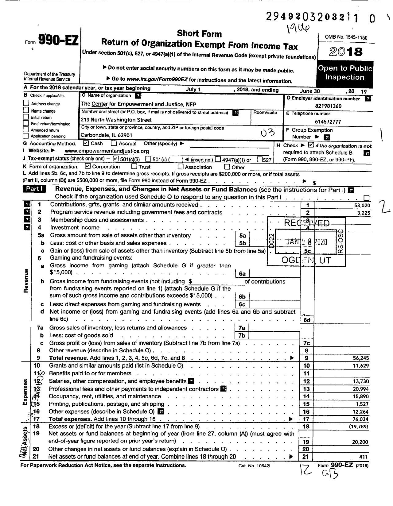 Image of first page of 2018 Form 990EZ for The Center for Empowerment and Justice