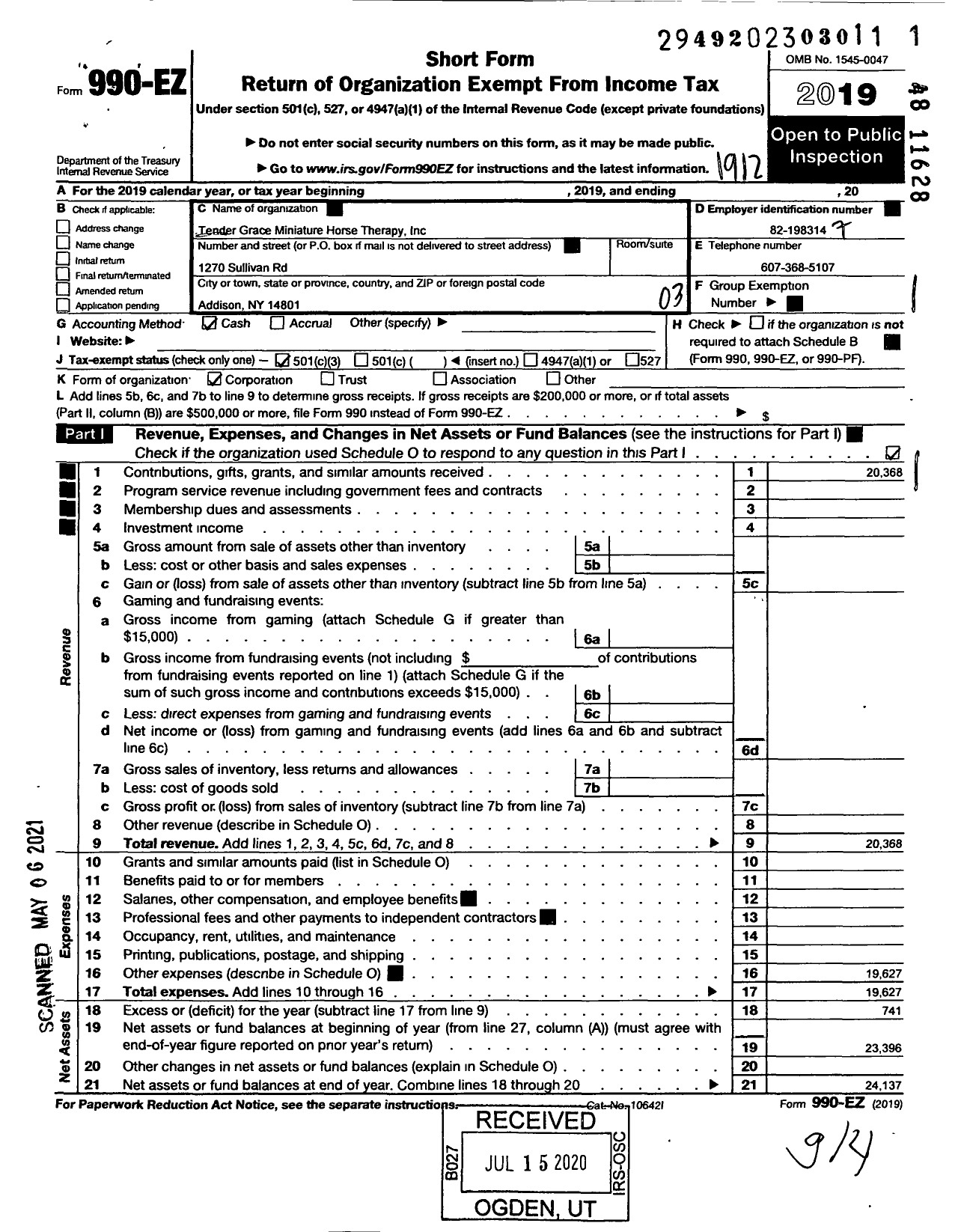 Image of first page of 2019 Form 990EZ for Tender Grace Miniature Horse Therapy