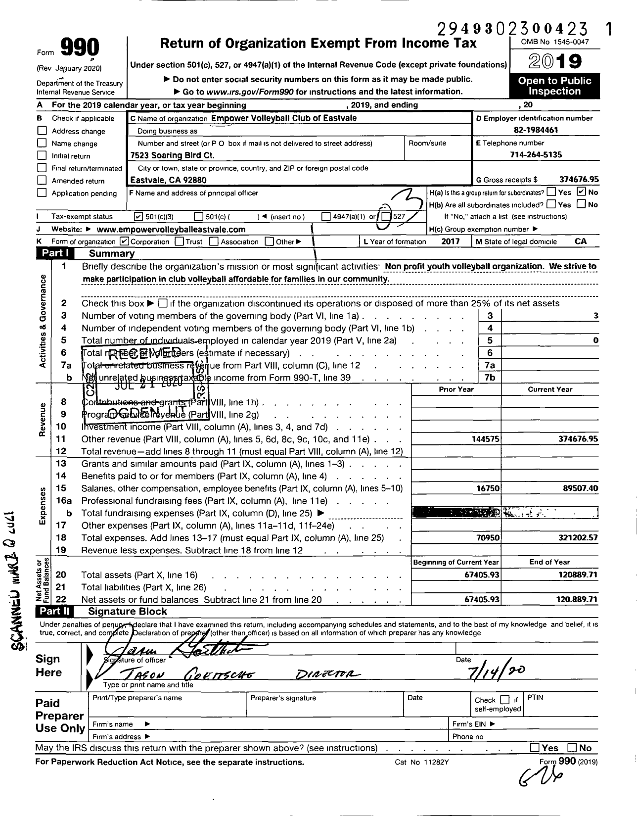 Image of first page of 2019 Form 990 for Empower Volleyball Club of Eastvale