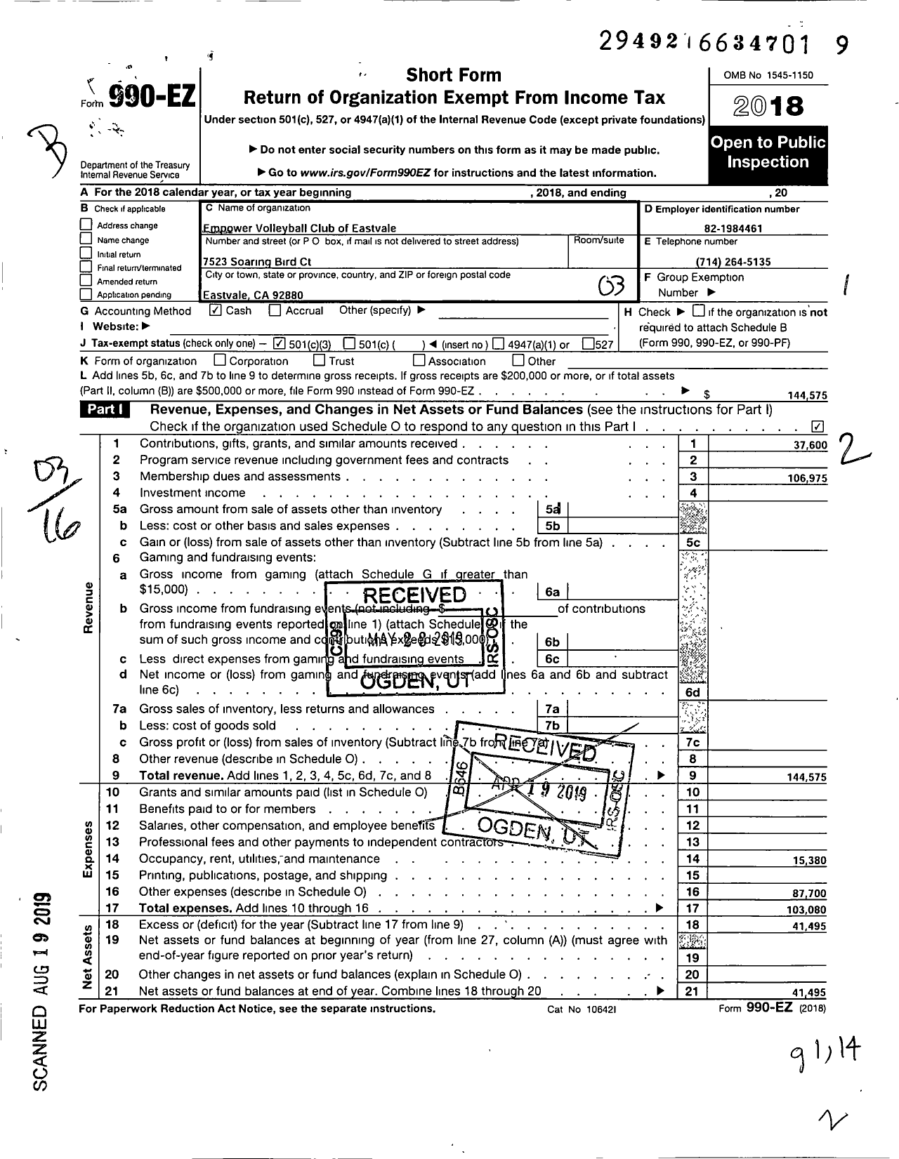 Image of first page of 2018 Form 990EZ for Empower Volleyball Club of Eastvale