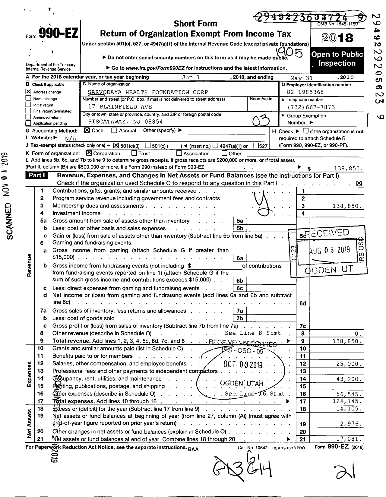 Image of first page of 2018 Form 990EZ for Sarvodaya Health Foundation Corporation