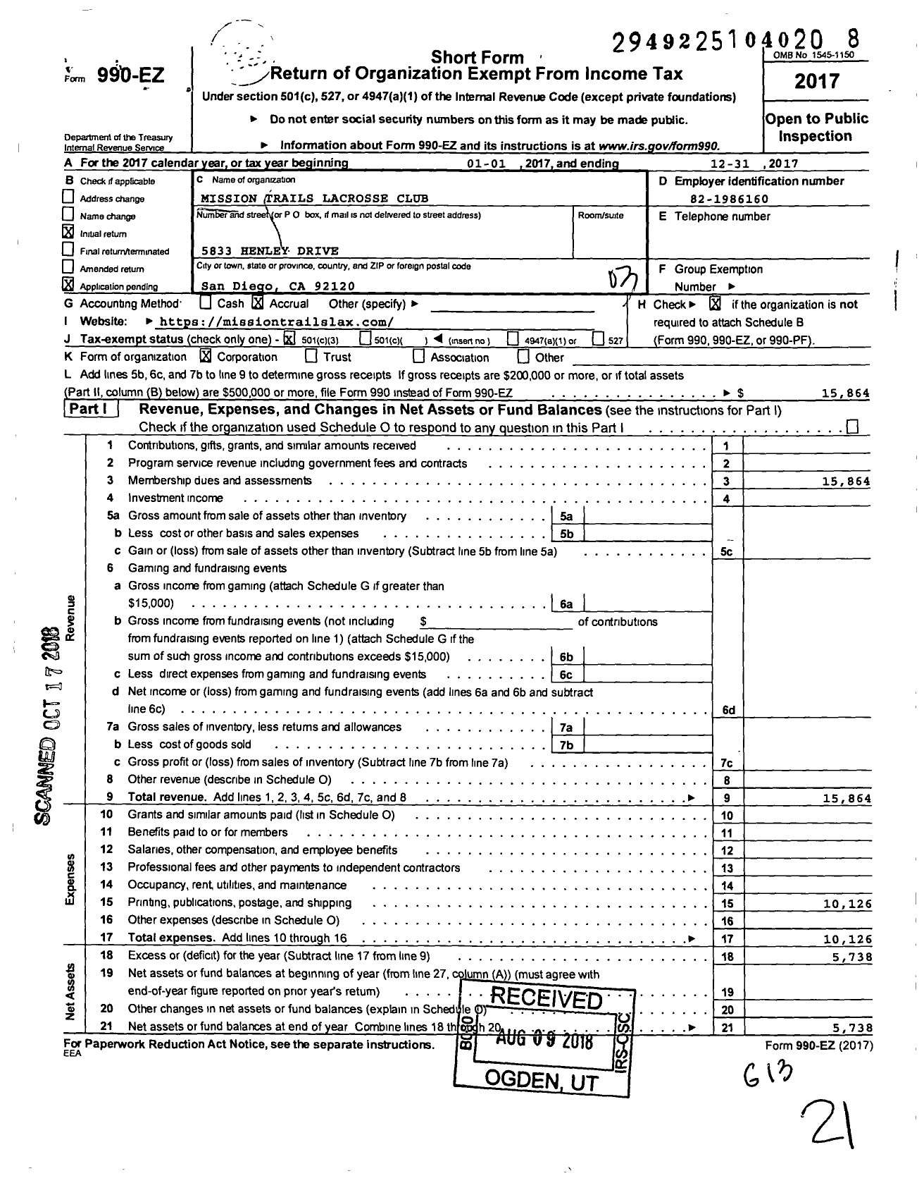 Image of first page of 2017 Form 990EZ for Mission Trails Lacrosse Club