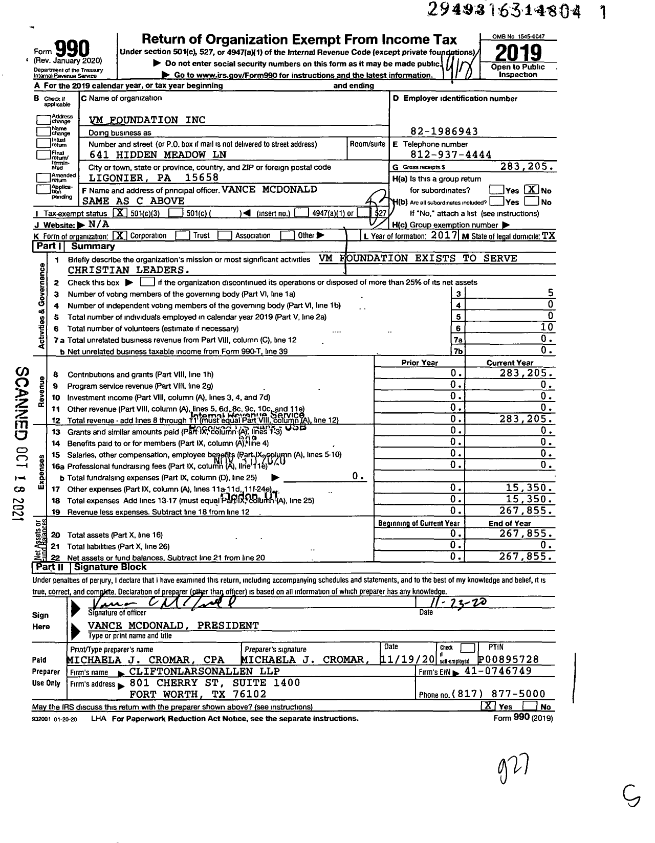 Image of first page of 2019 Form 990 for VM Foundation