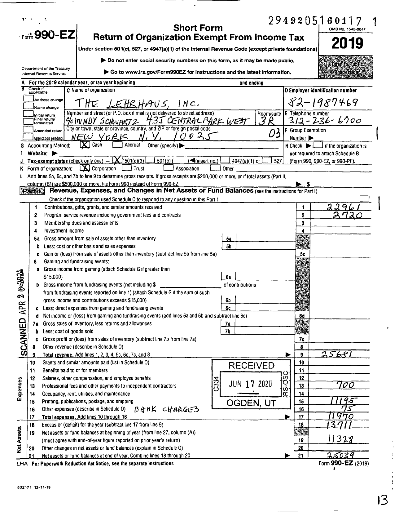 Image of first page of 2019 Form 990EZ for Lehrhaus