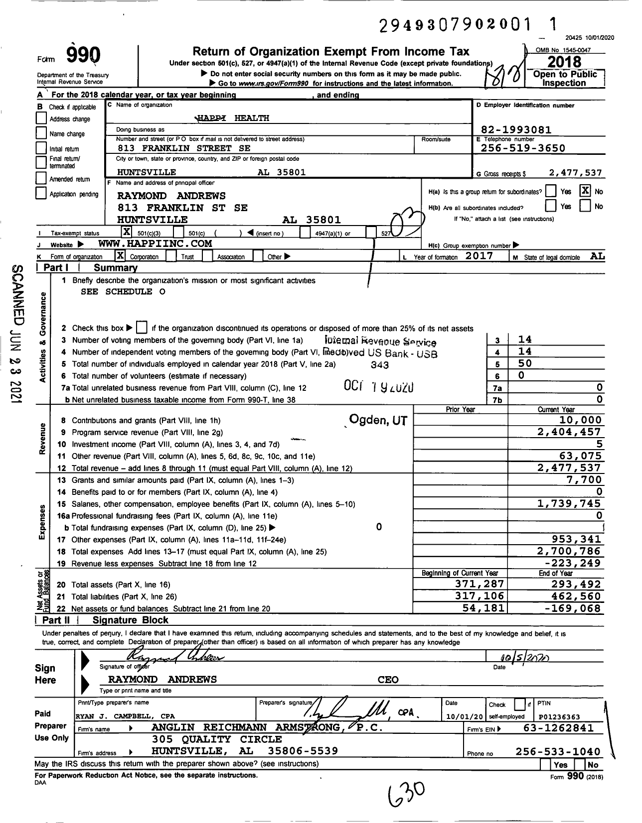 Image of first page of 2018 Form 990 for Happi Health