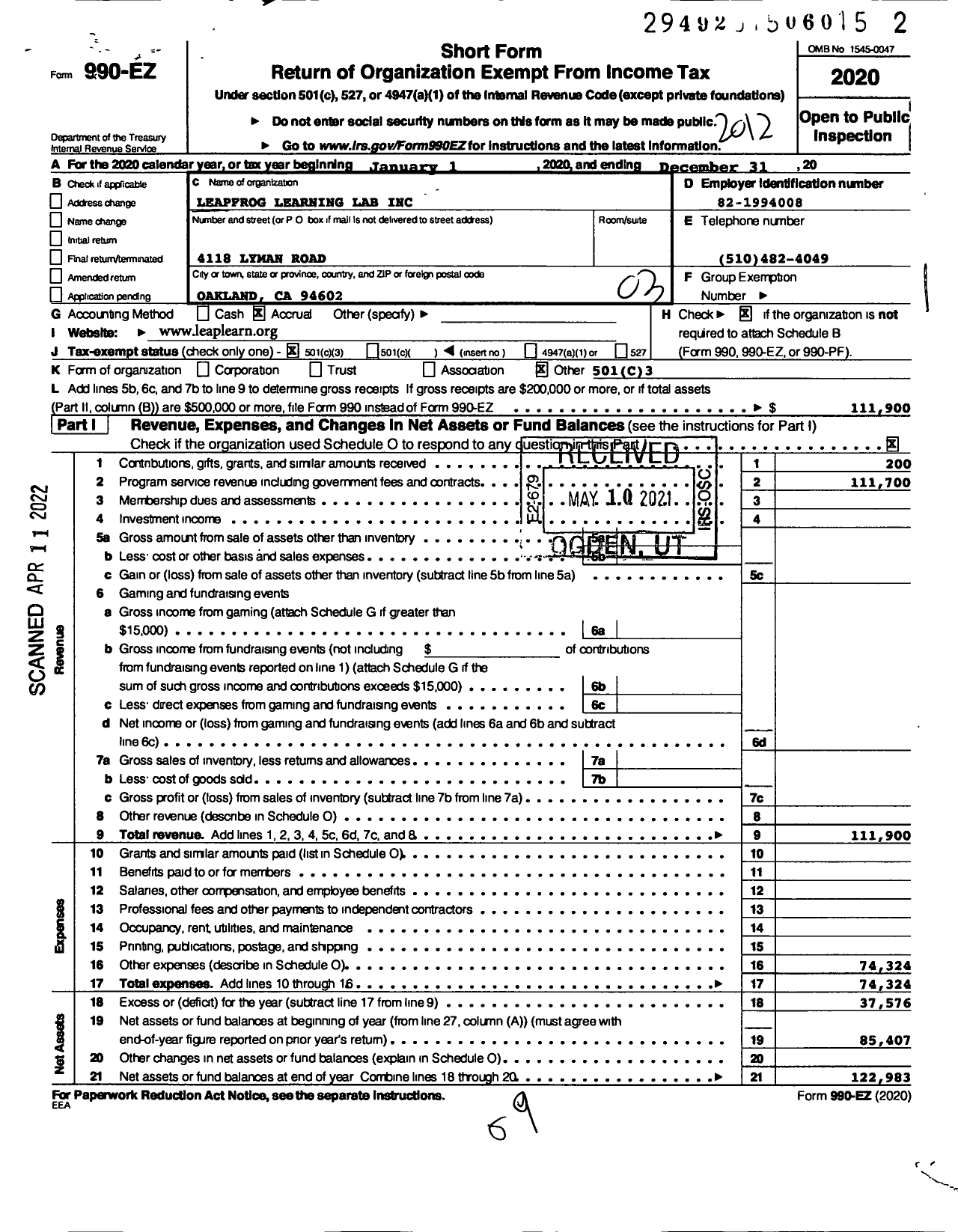 Image of first page of 2020 Form 990EZ for Leapfrog Learning Lab