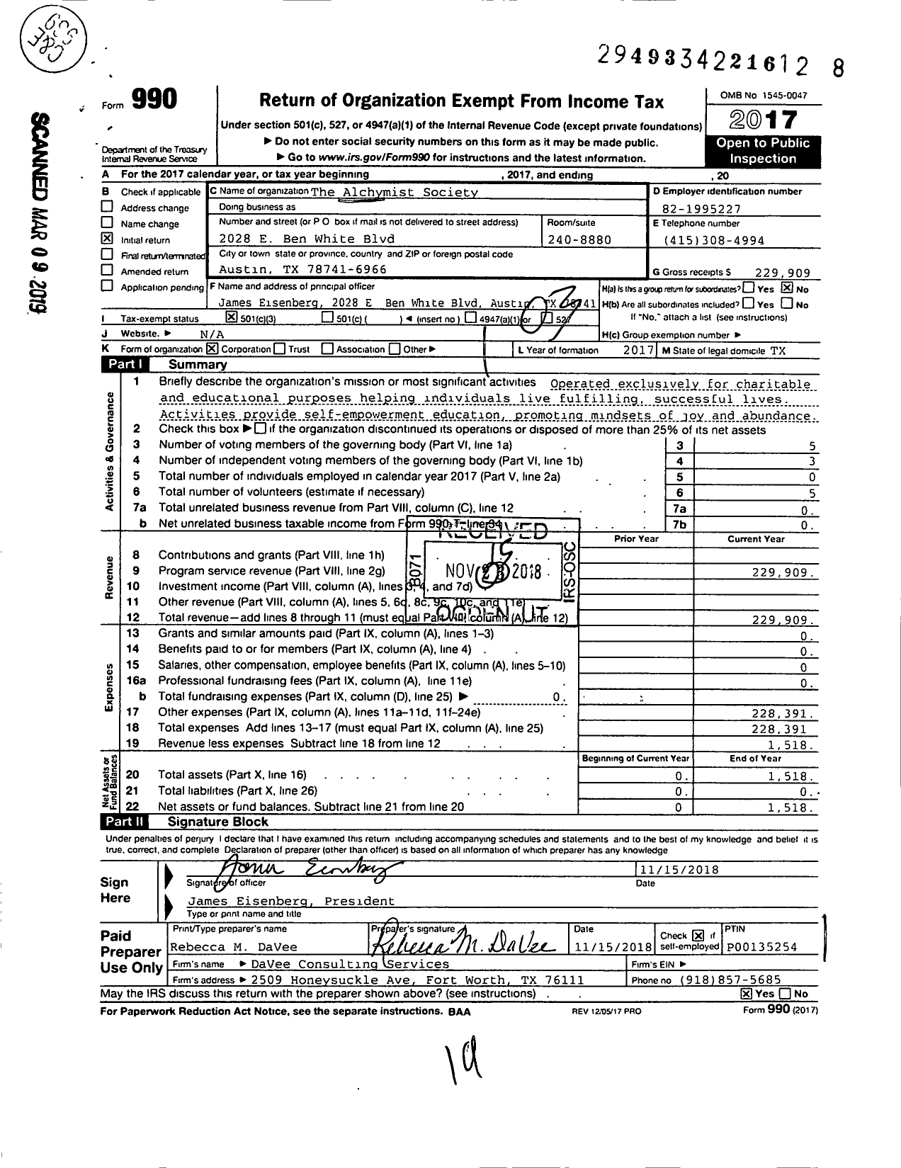 Image of first page of 2017 Form 990 for Alchymist Society