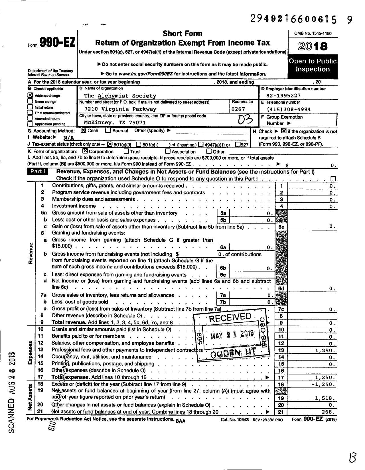 Image of first page of 2018 Form 990EZ for Alchymist Society