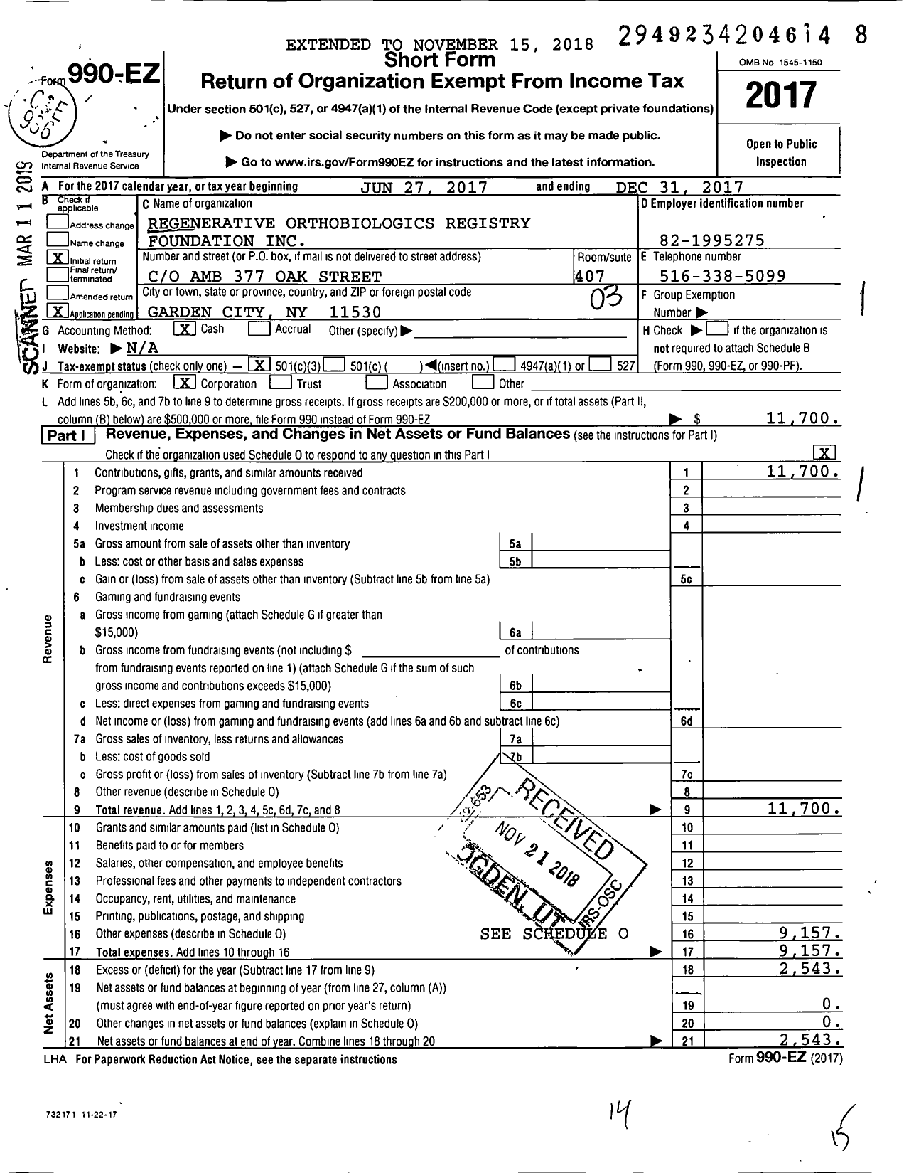 Image of first page of 2017 Form 990EZ for Regenerative Orthobiologics Registry Foundation