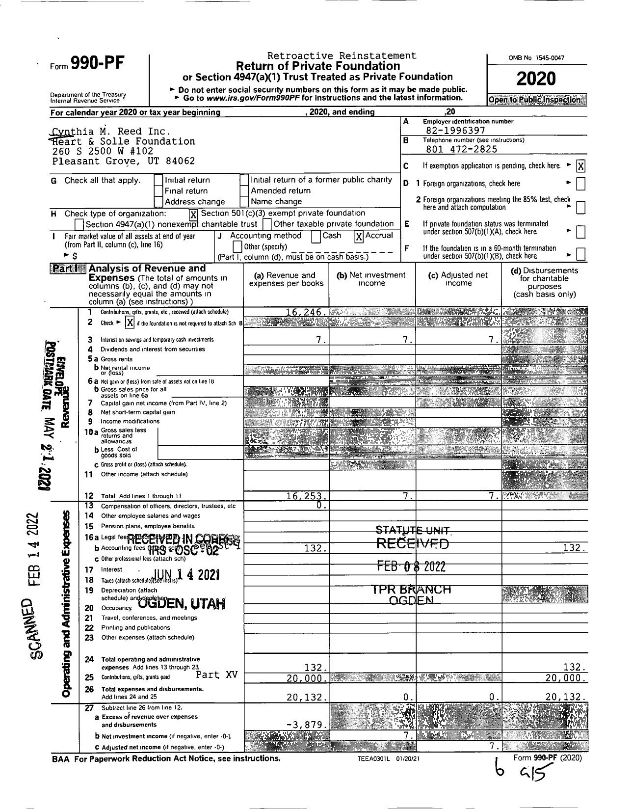 Image of first page of 2020 Form 990PA for Cynthia M Reed Inc Heart & Solle Foundation