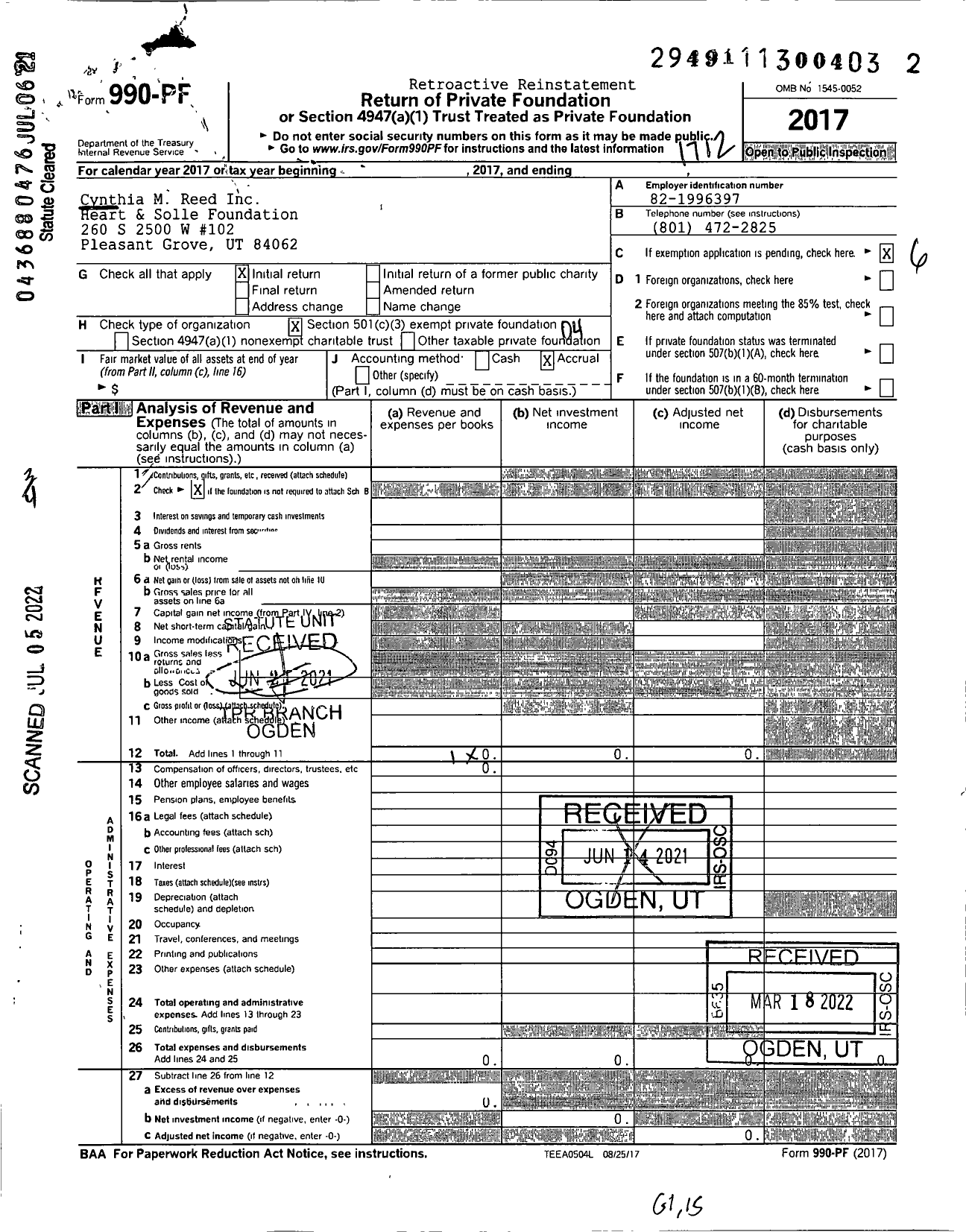 Image of first page of 2017 Form 990PF for Cynthia M Reed Inc Heart & Solle Foundation