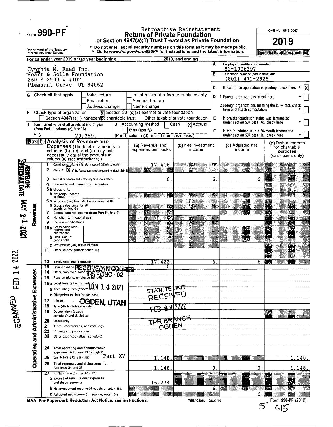 Image of first page of 2019 Form 990PA for Cynthia M Reed Inc Heart & Solle Foundation