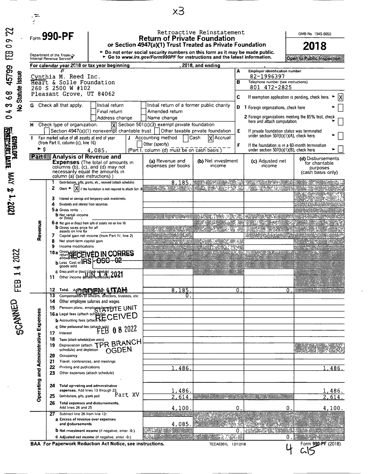 Image of first page of 2018 Form 990PA for Cynthia M Reed Inc Heart & Solle Foundation