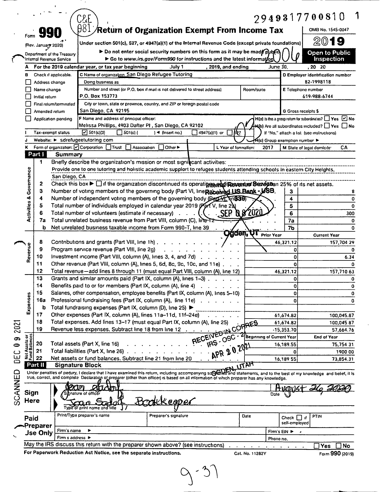 Image of first page of 2019 Form 990 for San Diego Refugee Tutoring