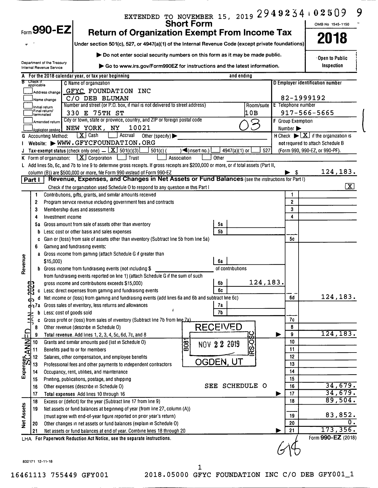 Image of first page of 2018 Form 990EZ for Gfyc Foundation