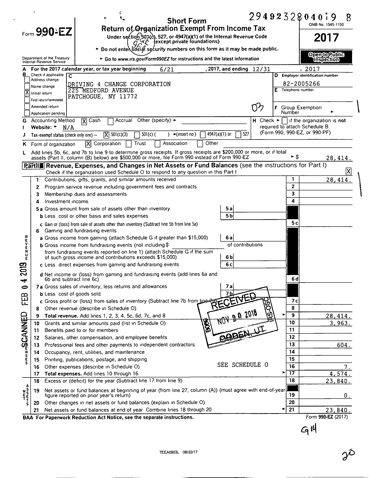 Image of first page of 2017 Form 990EZ for Driving 4 Change Corporation