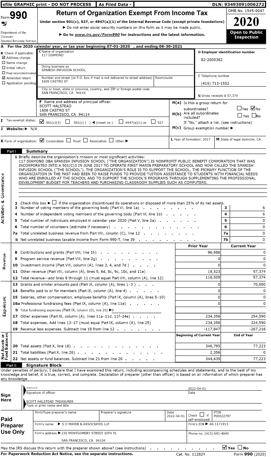 Image of first page of 2020 Form 990 for Spanish Infusion School