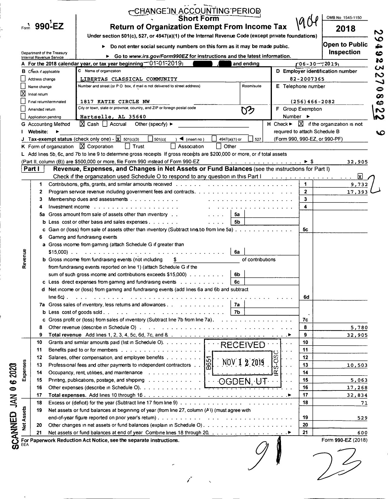 Image of first page of 2018 Form 990EZ for Libertas Classical Community