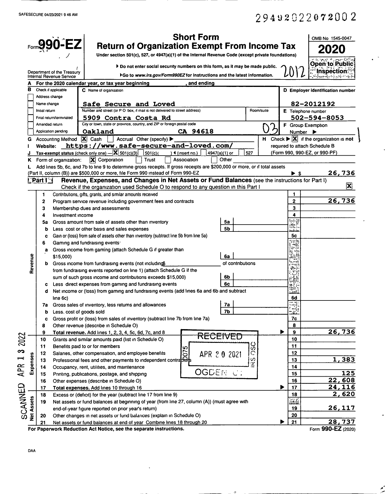 Image of first page of 2020 Form 990EZ for Safe Secure and Loved