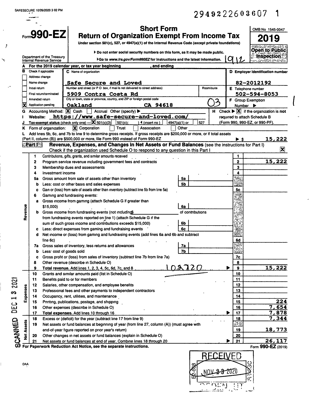 Image of first page of 2019 Form 990EZ for Safe Secure and Loved